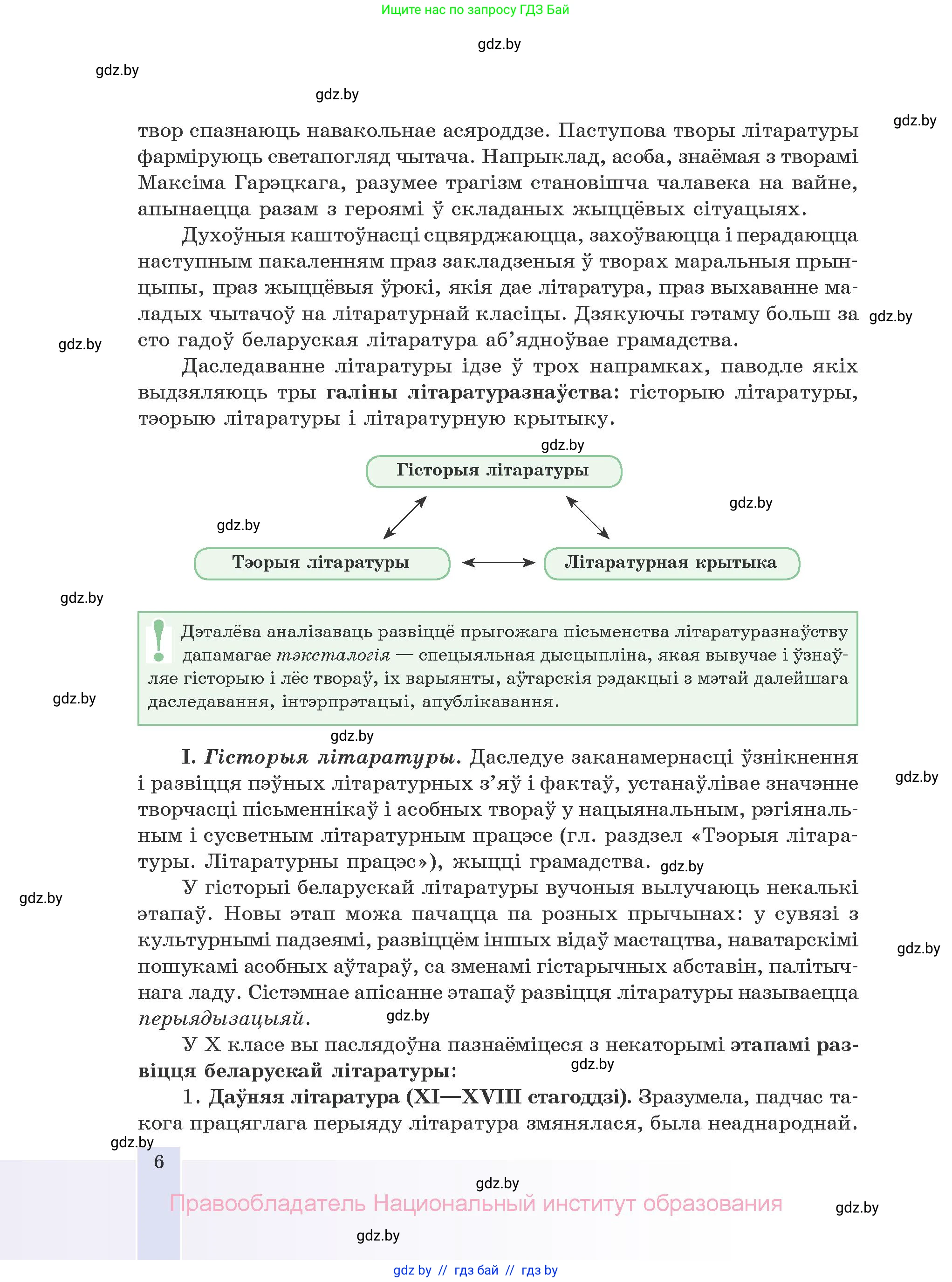 Белорусская литература (Беларуская літаратура), 10 класс Учебник, авторы: Бязлепкіна-Чарнякевіч Аксана Пятроўна, Акушэвіч Андрэй Аляксандравіч, Воюш Інга Дзмітрыеўна, Еўмянькоў В І, Заяц Н В, Караткевіч В І, Кузьміч Н В, Скакоўская А У, Часнок І Ч, издательство Нацыянальны інстытут адукацыі, Минск, 2020, зелёного цвета, страница 6