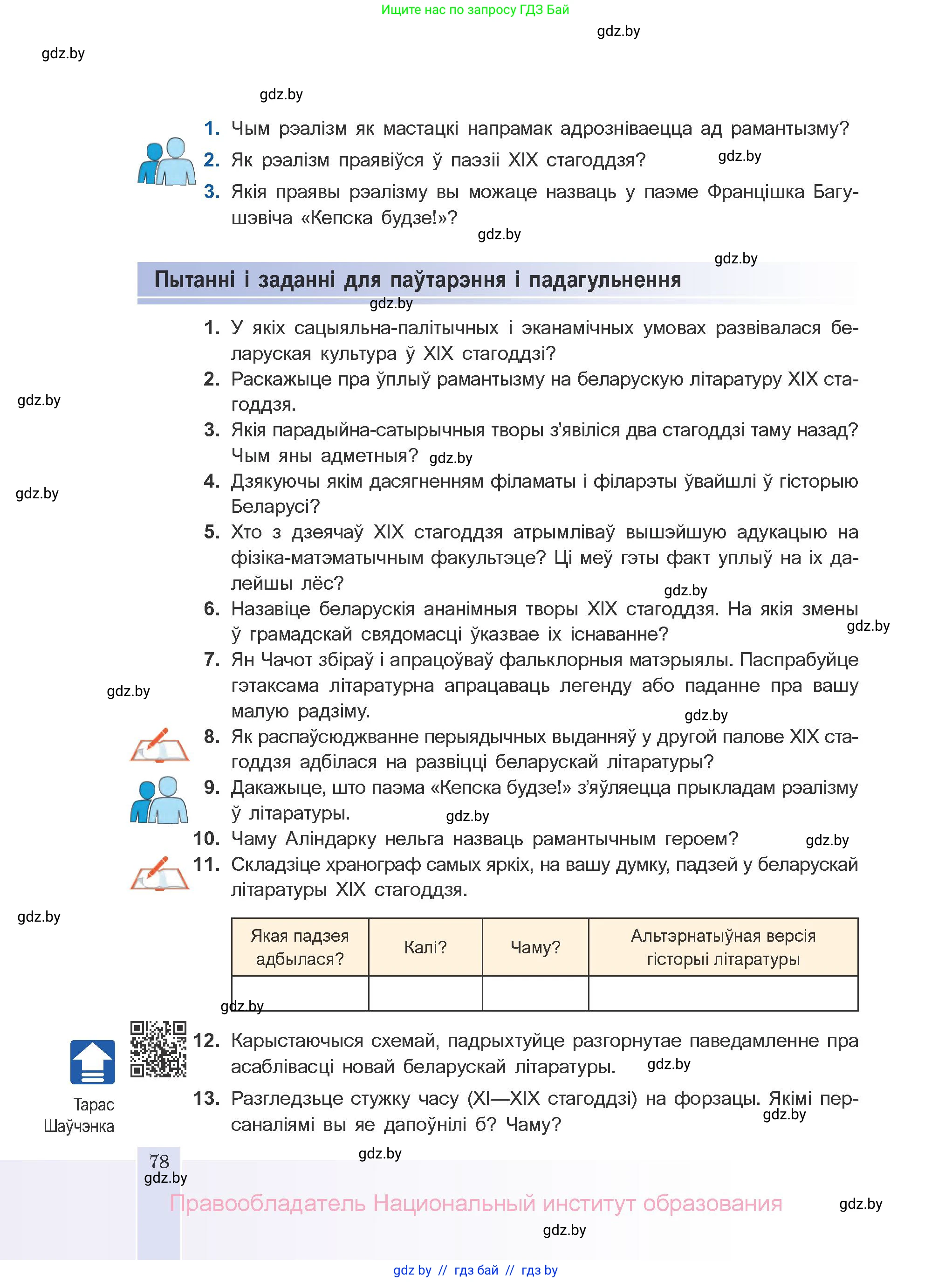 Белорусская литература (Беларуская літаратура), 10 класс Учебник, авторы: Бязлепкіна-Чарнякевіч Аксана Пятроўна, Акушэвіч Андрэй Аляксандравіч, Воюш Інга Дзмітрыеўна, Еўмянькоў В І, Заяц Н В, Караткевіч В І, Кузьміч Н В, Скакоўская А У, Часнок І Ч, издательство Нацыянальны інстытут адукацыі, Минск, 2020, зелёного цвета, страница 78