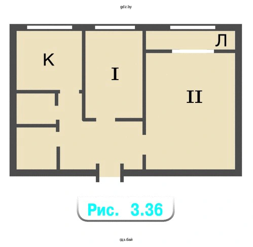 Определите по плану (рис. 3.36) размеры двухкомнатной квартиры. Найдите размеры кухни (К), лоджии (Л) и каждой комнаты (I и II), если масштаб плана 1 : 200