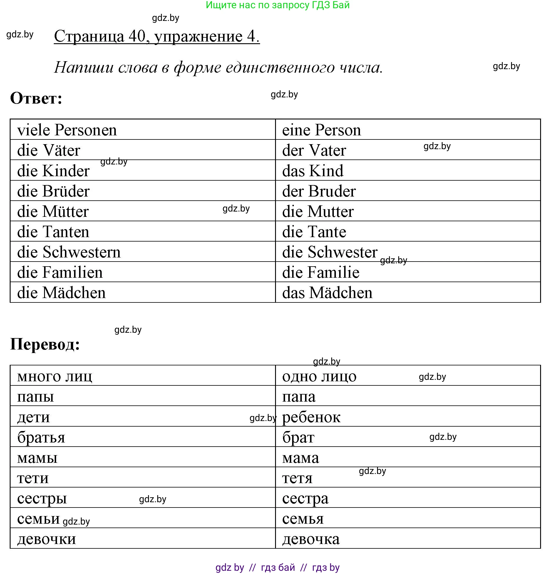 Немецкий язык (Deutsch), 3 класс рабочая тетрадь (arbeitsheft), авторы: Будько Антонина Филипповна (Budjko Antonina), Урбанович Инна Ювинальевна (Urbanowitsch Ina), издательство Аверсэв, Минск, 2018, салатового цвета, Teil 1, страница 40, номер 4, Решение