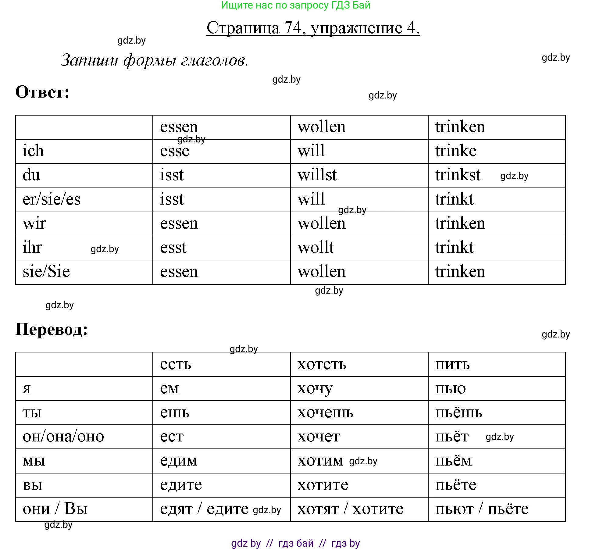 Немецкий язык (Deutsch), 3 класс рабочая тетрадь (arbeitsheft), авторы: Будько Антонина Филипповна (Budjko Antonina), Урбанович Инна Ювинальевна (Urbanowitsch Ina), издательство Аверсэв, Минск, 2018, салатового цвета, Teil 2, страница 74, номер 4, Решение