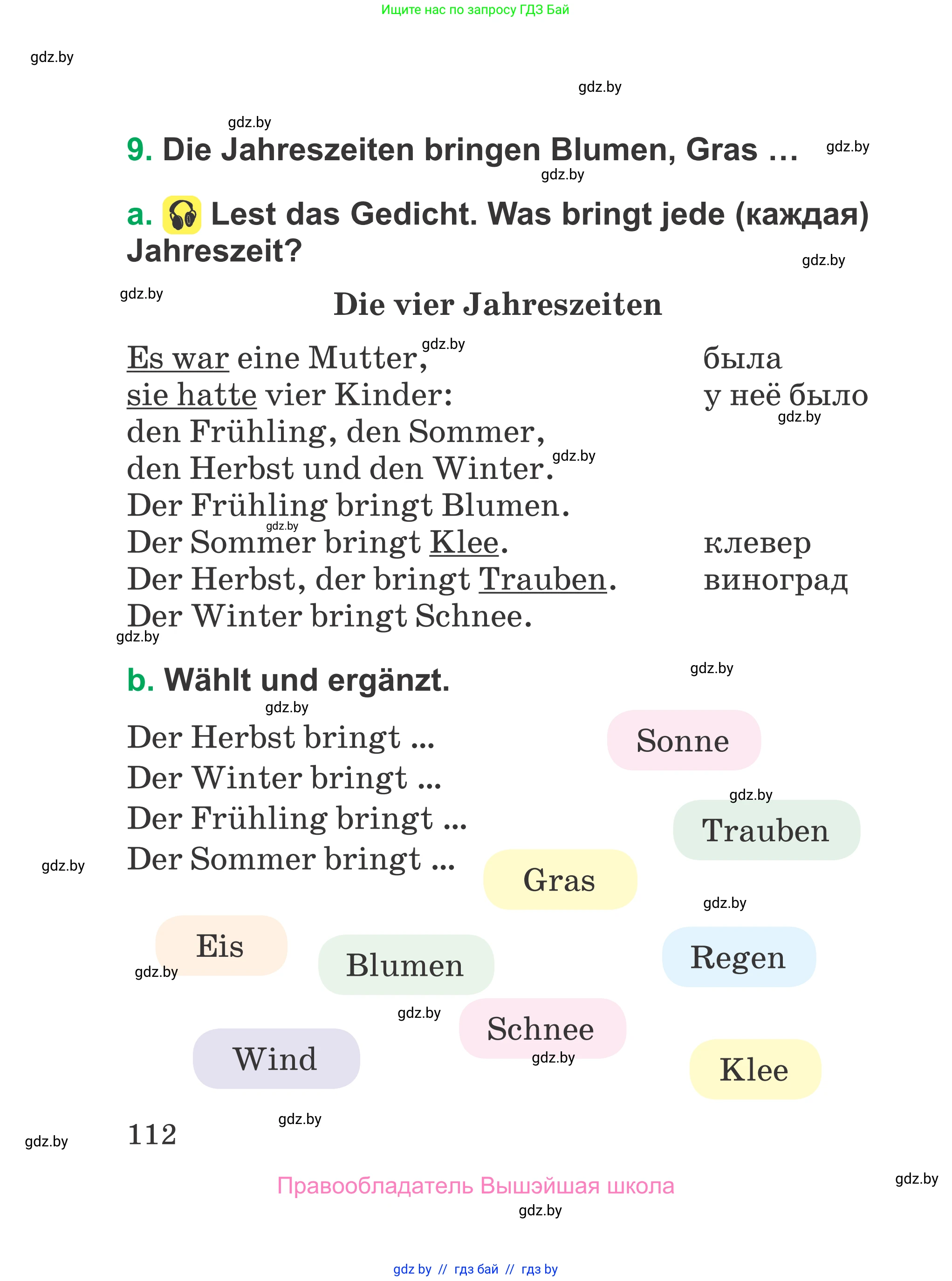 Немецкий язык (Deutsch), 3 класс Учебник (Schülerbuch), авторы: Будько Антонина Филипповна (Budjko Antonina), Урбанович Инна Ювинальевна (Urbanowitsch Ina), издательство Вышэйшая школа, Минск, 2018, бирюзового цвета, Часть 1, страница 112
