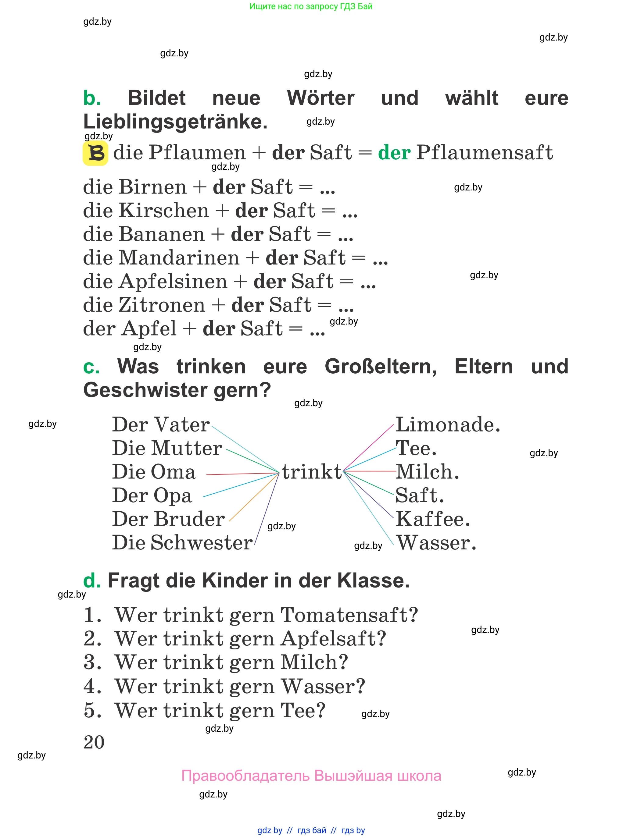 Немецкий язык (Deutsch), 3 класс Учебник (Schülerbuch), авторы: Будько Антонина Филипповна (Budjko Antonina), Урбанович Инна Ювинальевна (Urbanowitsch Ina), издательство Вышэйшая школа, Минск, 2018, бирюзового цвета, Часть 1, страница 20