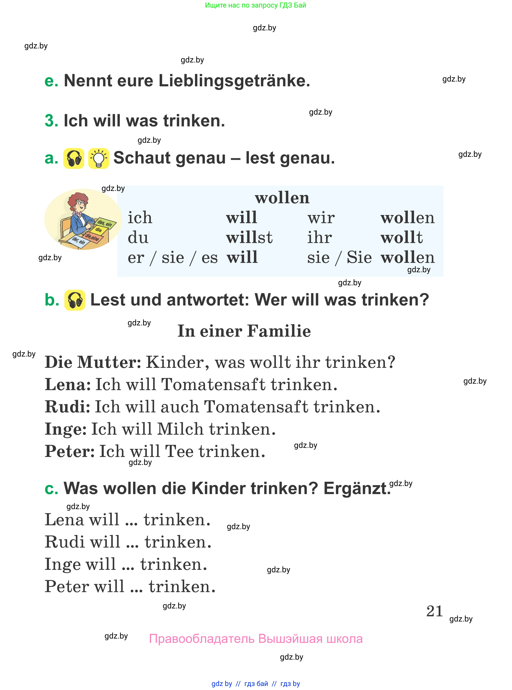Немецкий язык (Deutsch), 3 класс Учебник (Schülerbuch), авторы: Будько Антонина Филипповна (Budjko Antonina), Урбанович Инна Ювинальевна (Urbanowitsch Ina), издательство Вышэйшая школа, Минск, 2018, бирюзового цвета, Часть 1, страница 21
