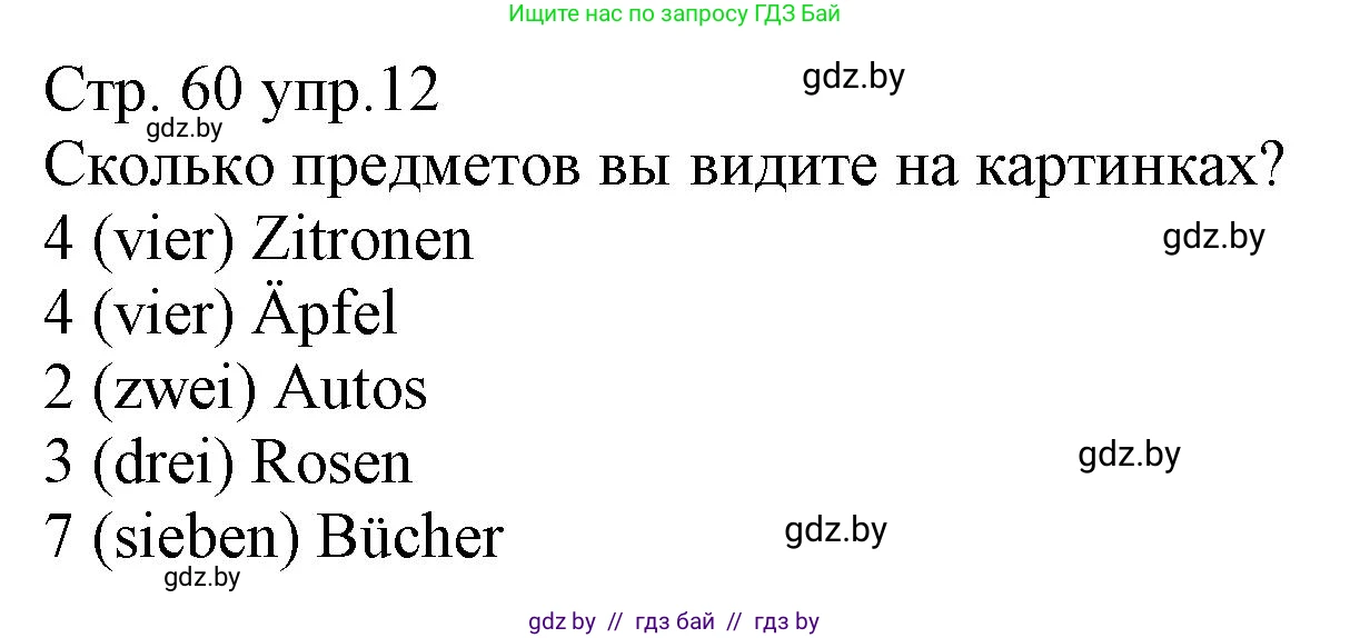 Немецкий язык (Deutsch), 3 класс Учебник (Schülerbuch), авторы: Будько Антонина Филипповна (Budjko Antonina), Урбанович Инна Ювинальевна (Urbanowitsch Ina), издательство Вышэйшая школа, Минск, 2018, бирюзового цвета, Часть 1, страница 60, номер 12, Решение