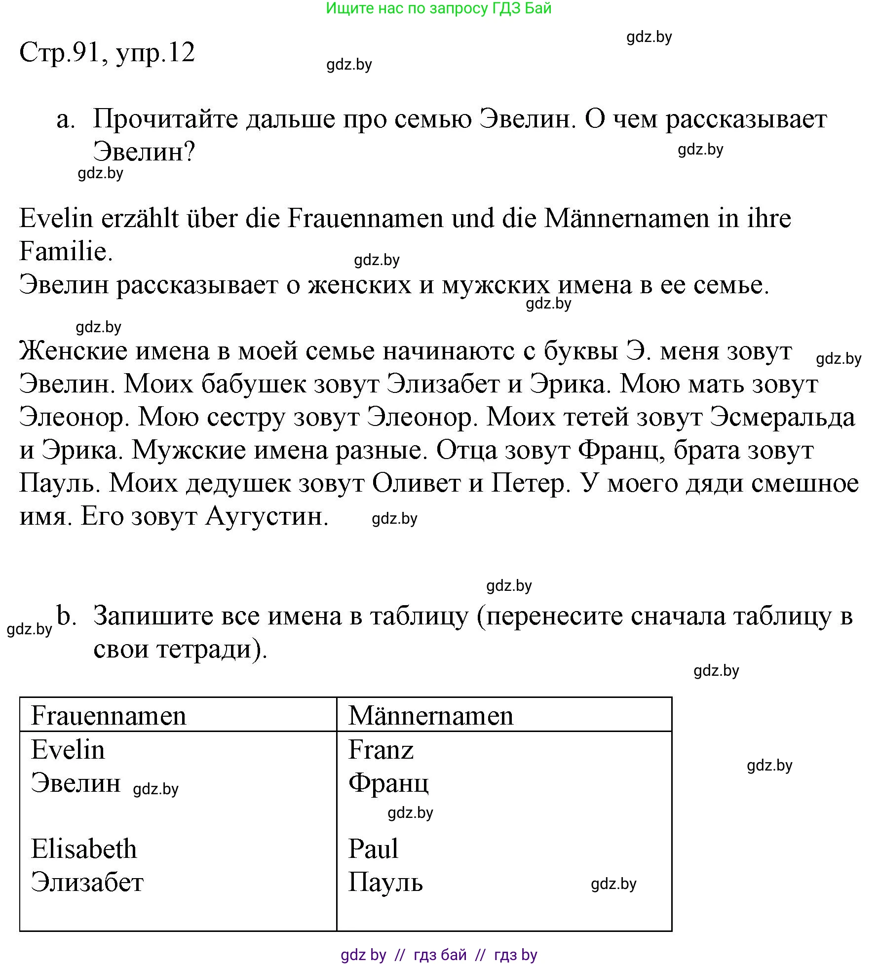 Немецкий язык (Deutsch), 3 класс Учебник (Schülerbuch), авторы: Будько Антонина Филипповна (Budjko Antonina), Урбанович Инна Ювинальевна (Urbanowitsch Ina), издательство Вышэйшая школа, Минск, 2018, бирюзового цвета, Часть 1, страница 91, номер 12, Решение
