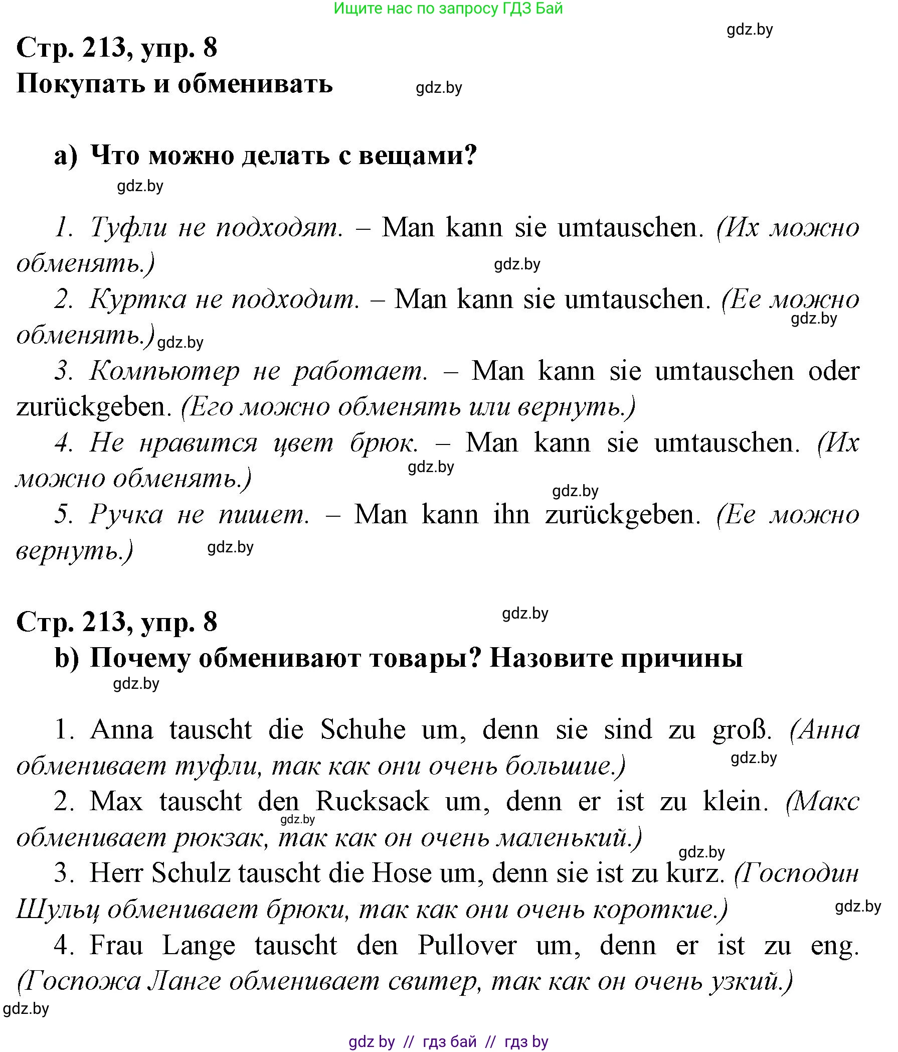 Немецкий язык (Deutsch), 7 класс Учебник (Schülerbuch), авторы: Будько Антонина Филипповна (Budjko Antonina), Урбанович Инна Ювинальевна (Urbanowitsch Ina), издательство Вышэйшая школа, Минск, 2021, страница 213, номер 8, Решение