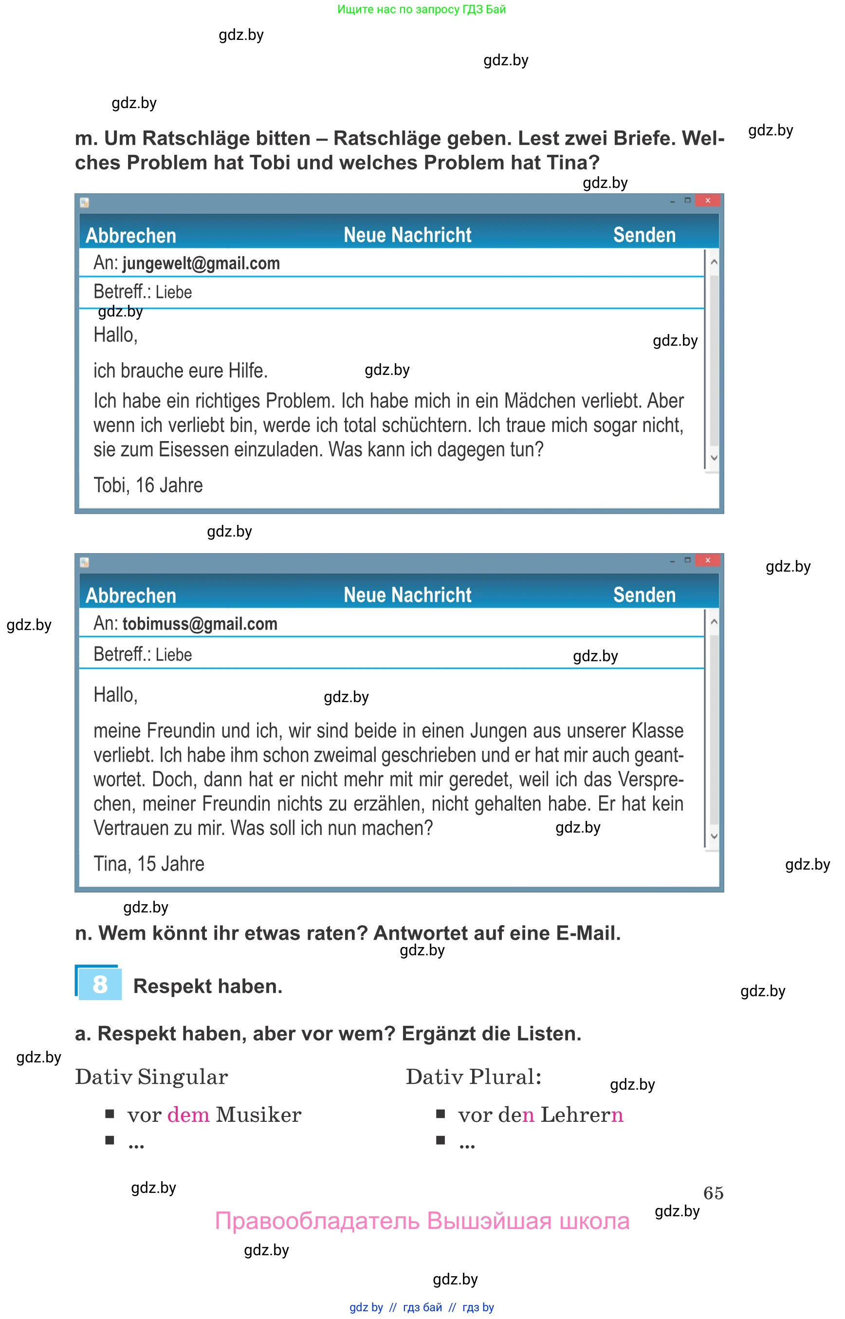 Немецкий язык (Deutsch), 9 класс Учебник (Schülerbuch), авторы: Будько Антонина Филипповна (Budjko Antonina), Урбанович Инна Ювинальевна (Urbanowitsch Ina), издательство Вышэйшая школа, Минск, 2018, серого цвета, страница 65