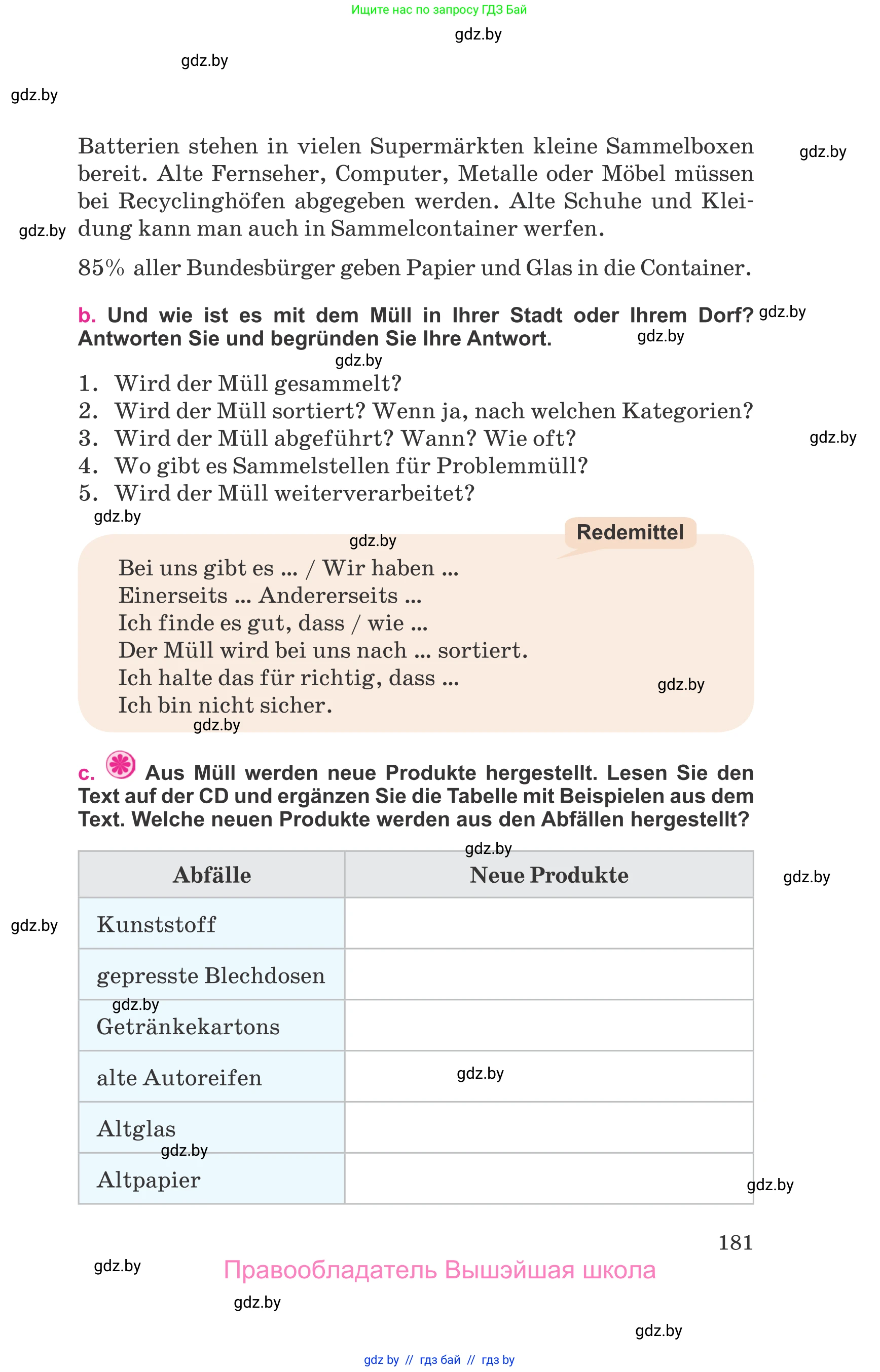 Немецкий язык (Deutsch), 11 класс Учебник (Schülerbuch), авторы: Будько Антонина Филипповна (Budjko Antonina), Урбанович Инна Ювинальевна (Urbanowitsch Ina), издательство Вышэйшая школа, Минск, 2019, бирюзового цвета, страница 181