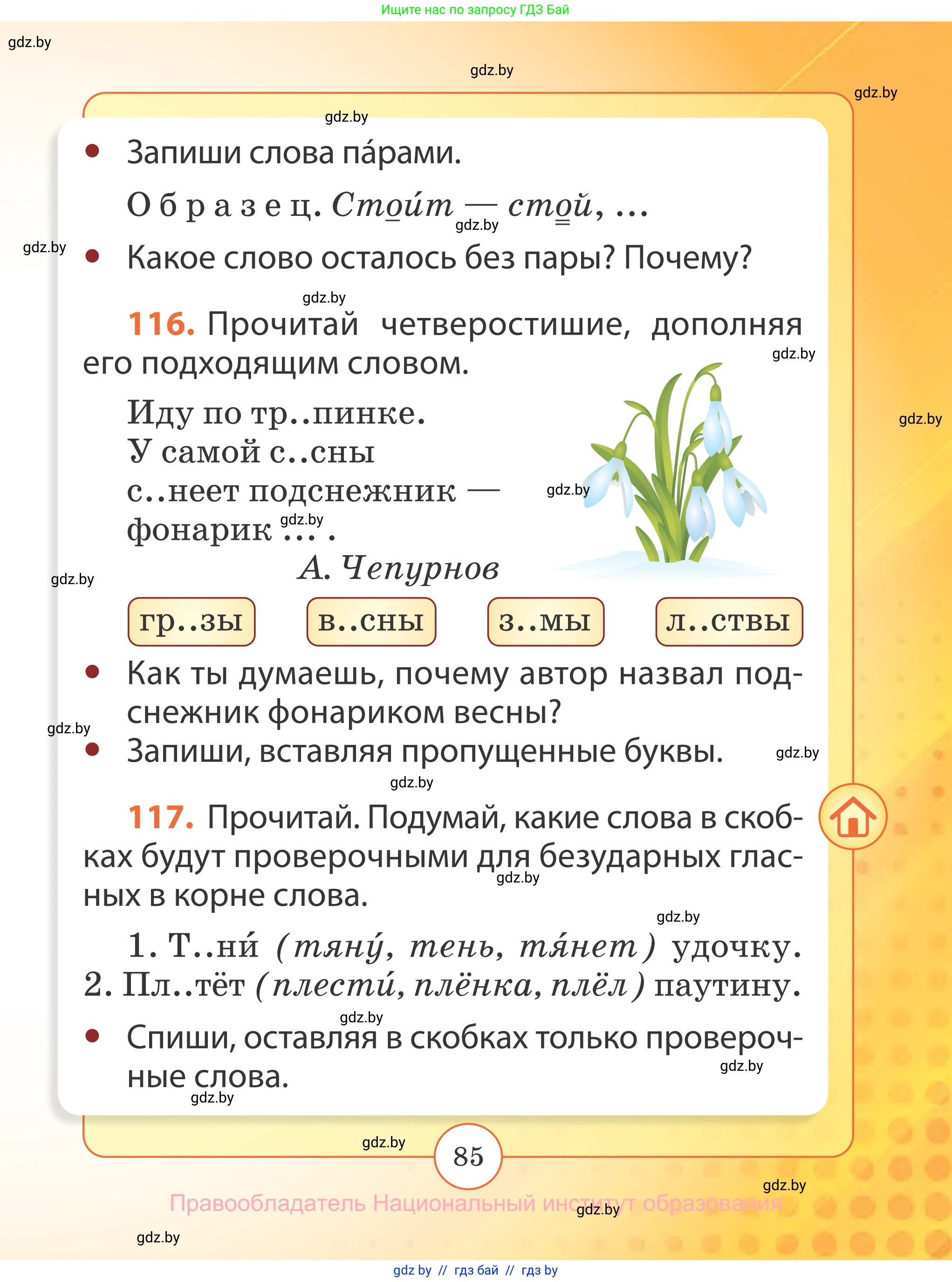 Русский язык, 2 класс Учебник, авторы: Гулецкая Елена Алексеевна, Федорович Галина Михайловна, издательство Национальный институт образования, Минск, 2022, коричневого цвета, Часть 1, страница 85