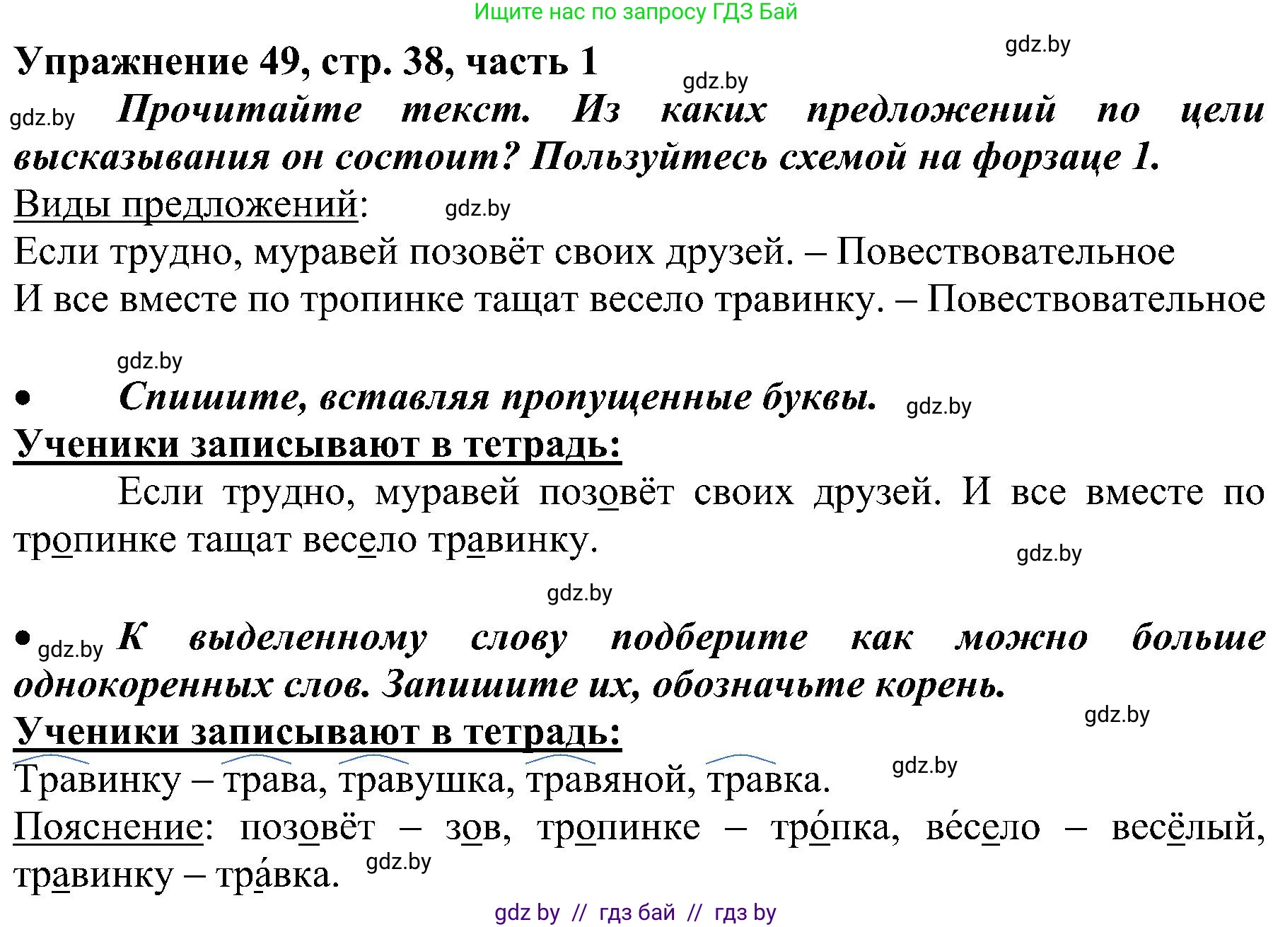 Русский язык, 3 класс Учебник, авторы: Антипова Маргарита Борисовна, Верниковская Алла Викторовна, Грабчикова Елена Самарьевна, издательство Национальный институт образования, Минск, 2023, Часть 1, страница 38, номер 49, Решение