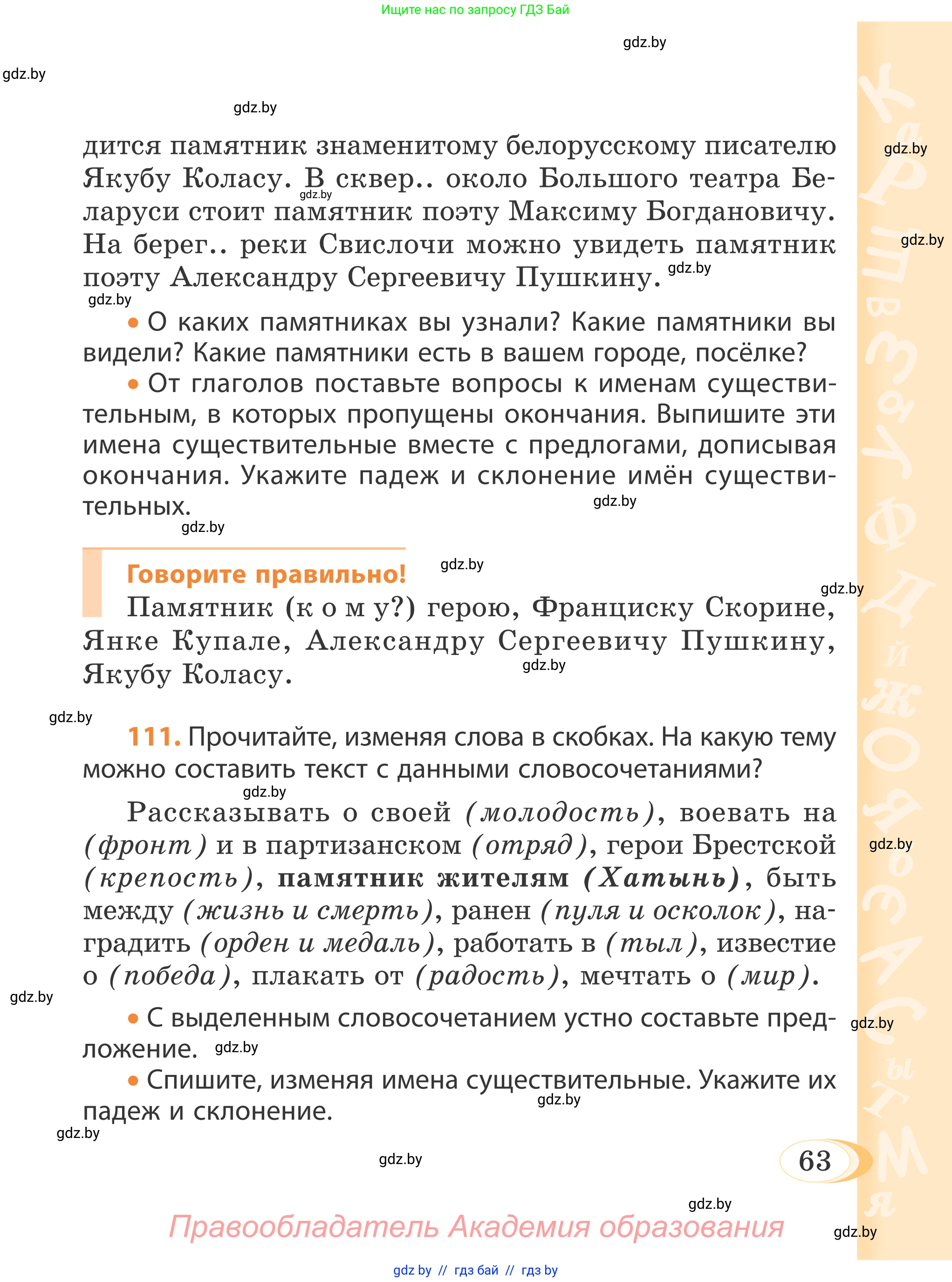 Русский язык, 4 класс Учебник, авторы: Антипова Маргарита Борисовна, Верниковская Алла Викторовна, Грабчикова Елена Самарьевна, издательство Академия образования, Минск, 2024, оранжевого цвета, Часть 1, страница 38, номер 63, Условие