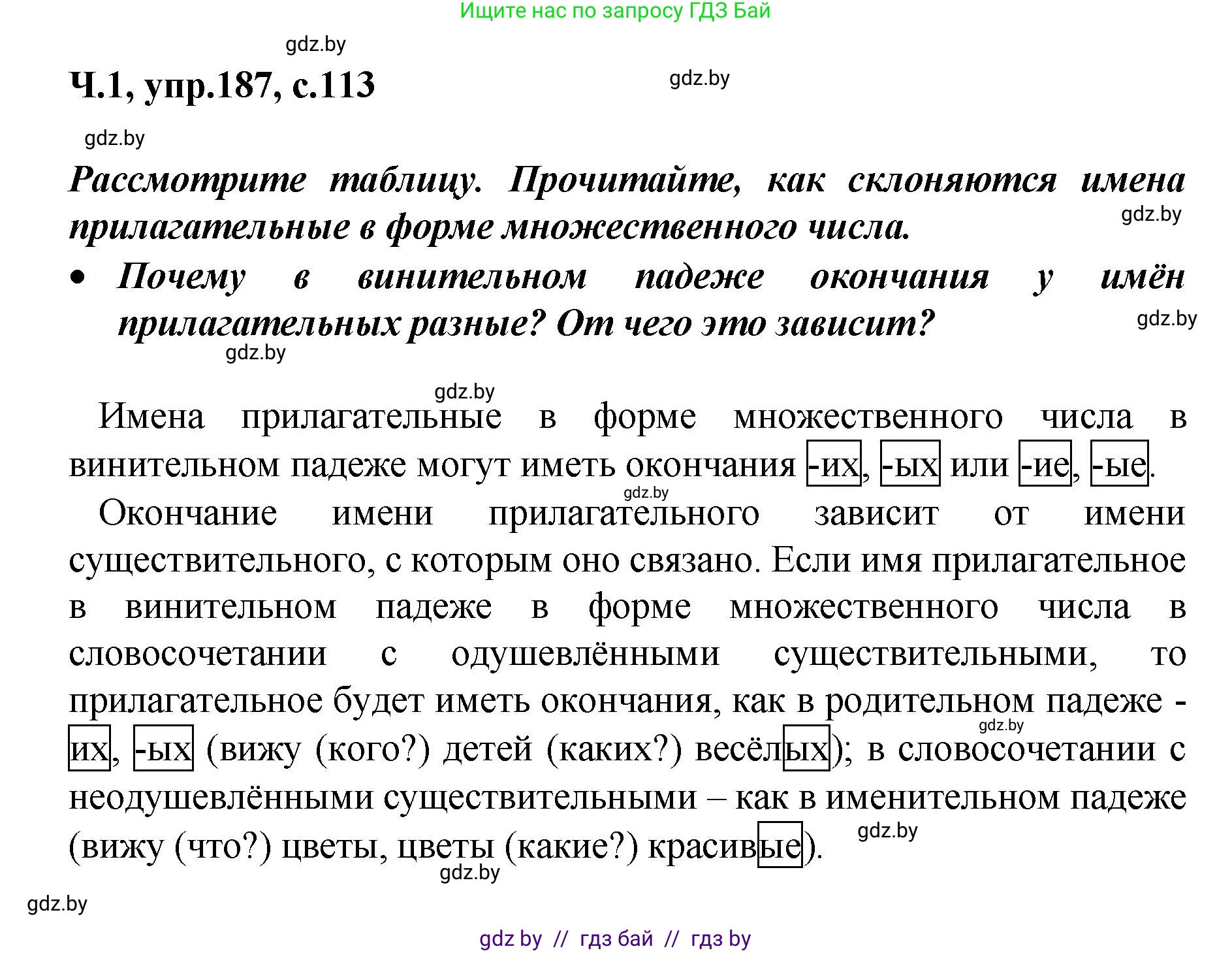 Русский язык, 4 класс Учебник, авторы: Антипова Маргарита Борисовна, Верниковская Алла Викторовна, Грабчикова Елена Самарьевна, издательство Академия образования, Минск, 2024, оранжевого цвета, Часть 1, страница 113, номер 187, Решение