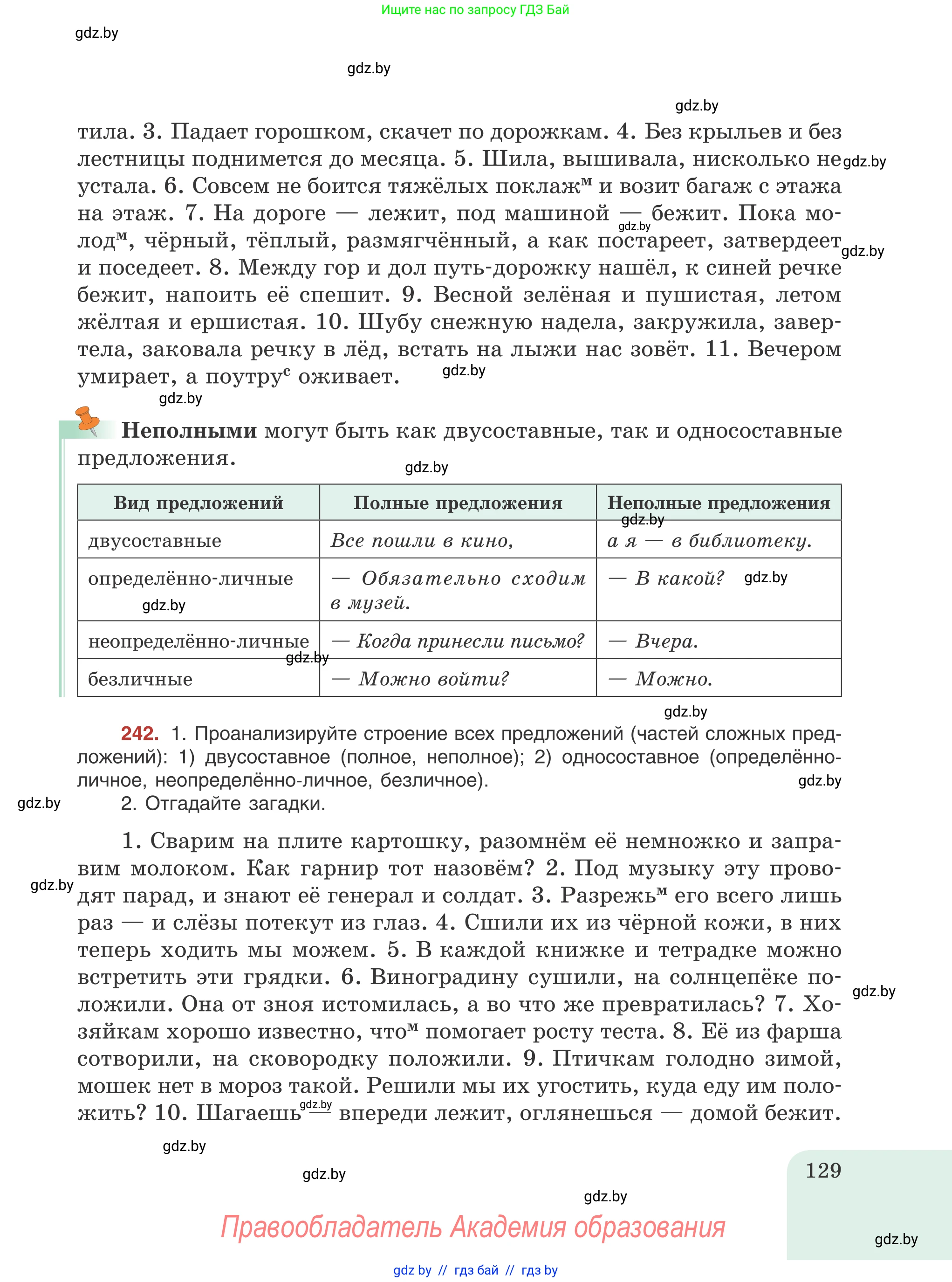 Русский язык, 8 класс Учебник, авторы: Мурина Лариса Александровна, Долбик Елена Евгеньевна, Леонович Валентина Леонидовна, Жадейко Жанна Фёдоровна, издательство Академия образования, Минск, 2024, страница 129