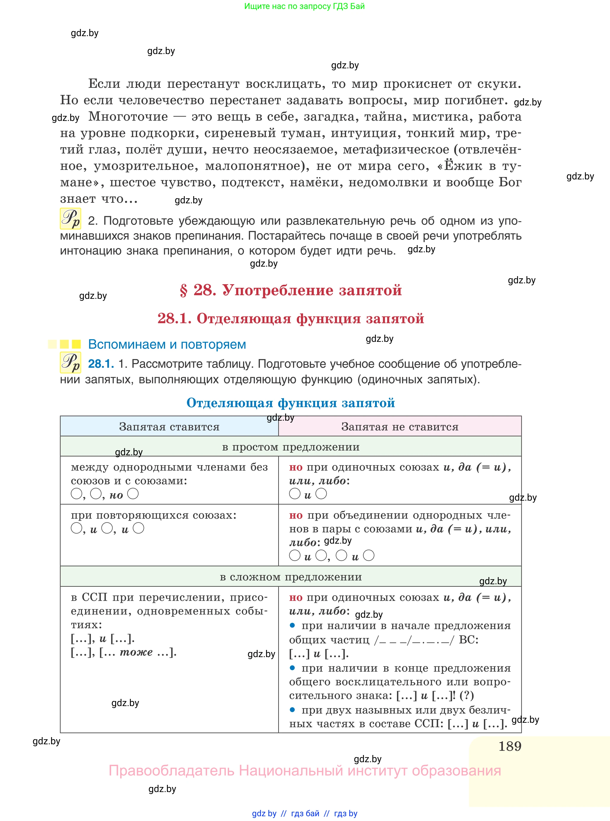 Русский язык, 11 класс Учебник, авторы: Долбик Елена Евгеньевна, Литвинко Франя Михайловна, Мурина Лариса Александровна, Шиманович Т В, Таяновская И В, Орловская О Я, издательство Национальный институт образования, Минск, 2021, страница 189