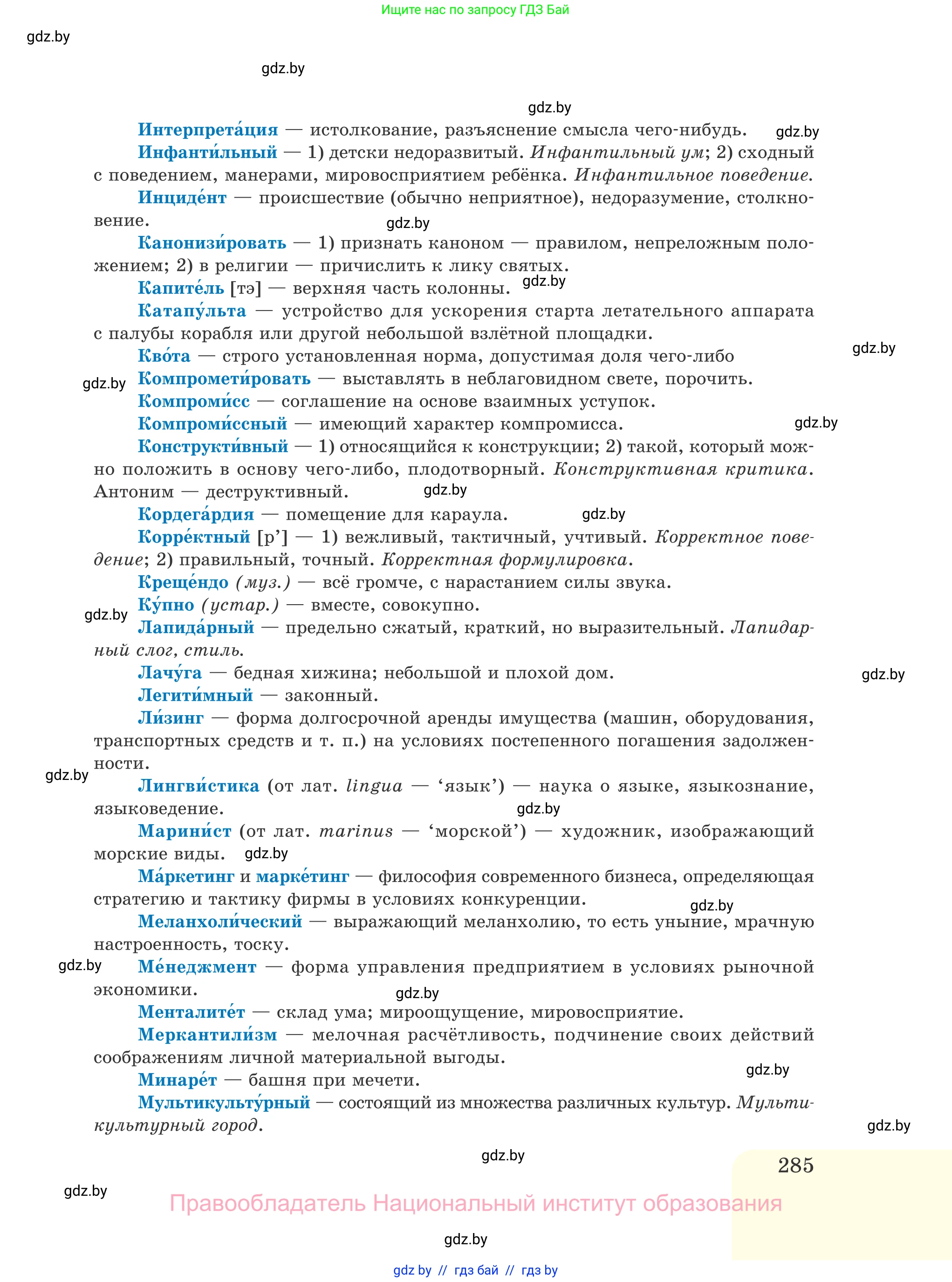 Русский язык, 11 класс Учебник, авторы: Долбик Елена Евгеньевна, Литвинко Франя Михайловна, Мурина Лариса Александровна, Шиманович Т В, Таяновская И В, Орловская О Я, издательство Национальный институт образования, Минск, 2021, страница 285
