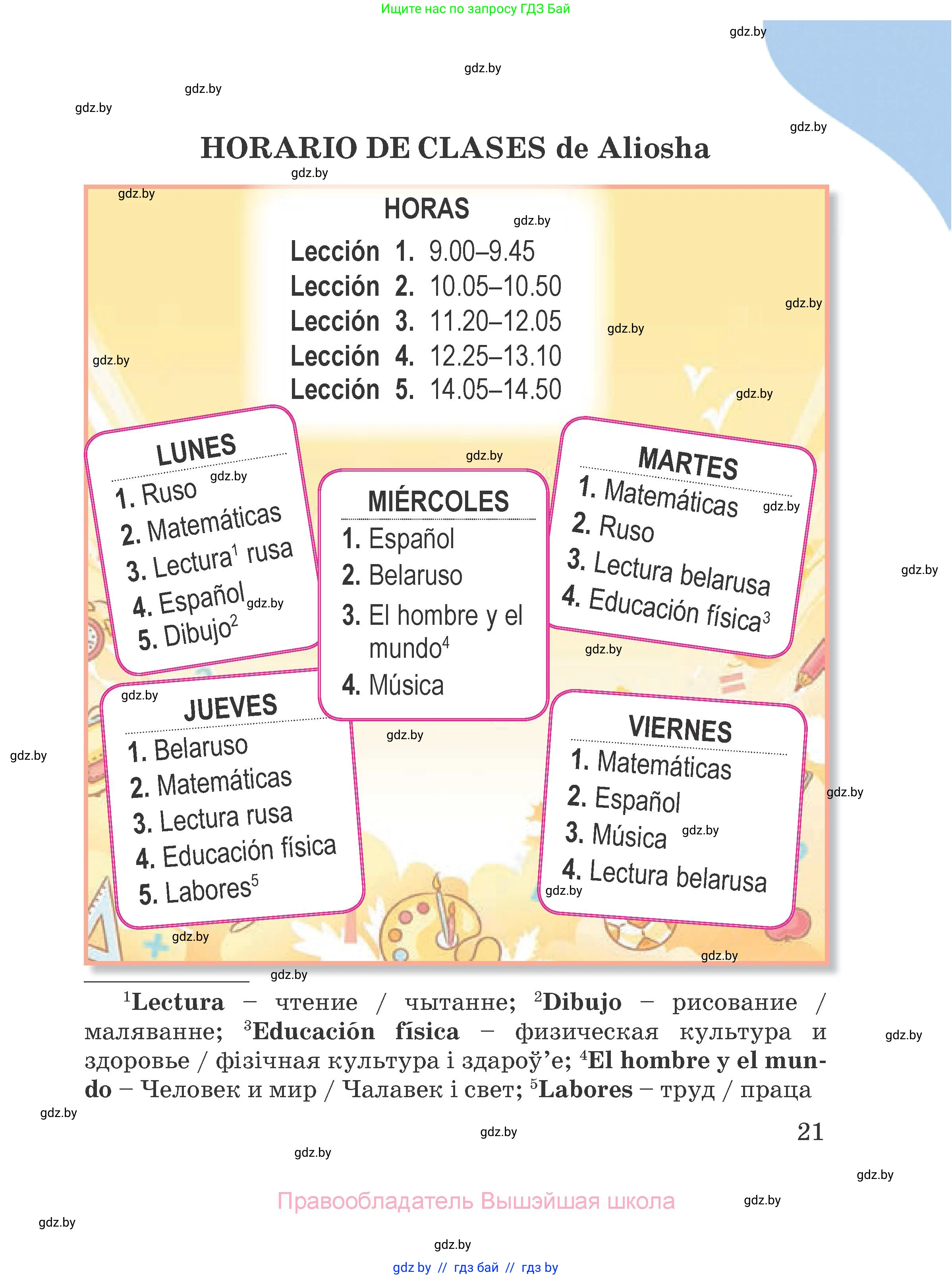 Испанский язык, 4 класс Учебник, авторы: Гриневич Елена Карловна, Бахар Лариса Николаевна, издательство Вышэйшая школа, Минск, 2019, красного цвета, Часть 1, страница 21