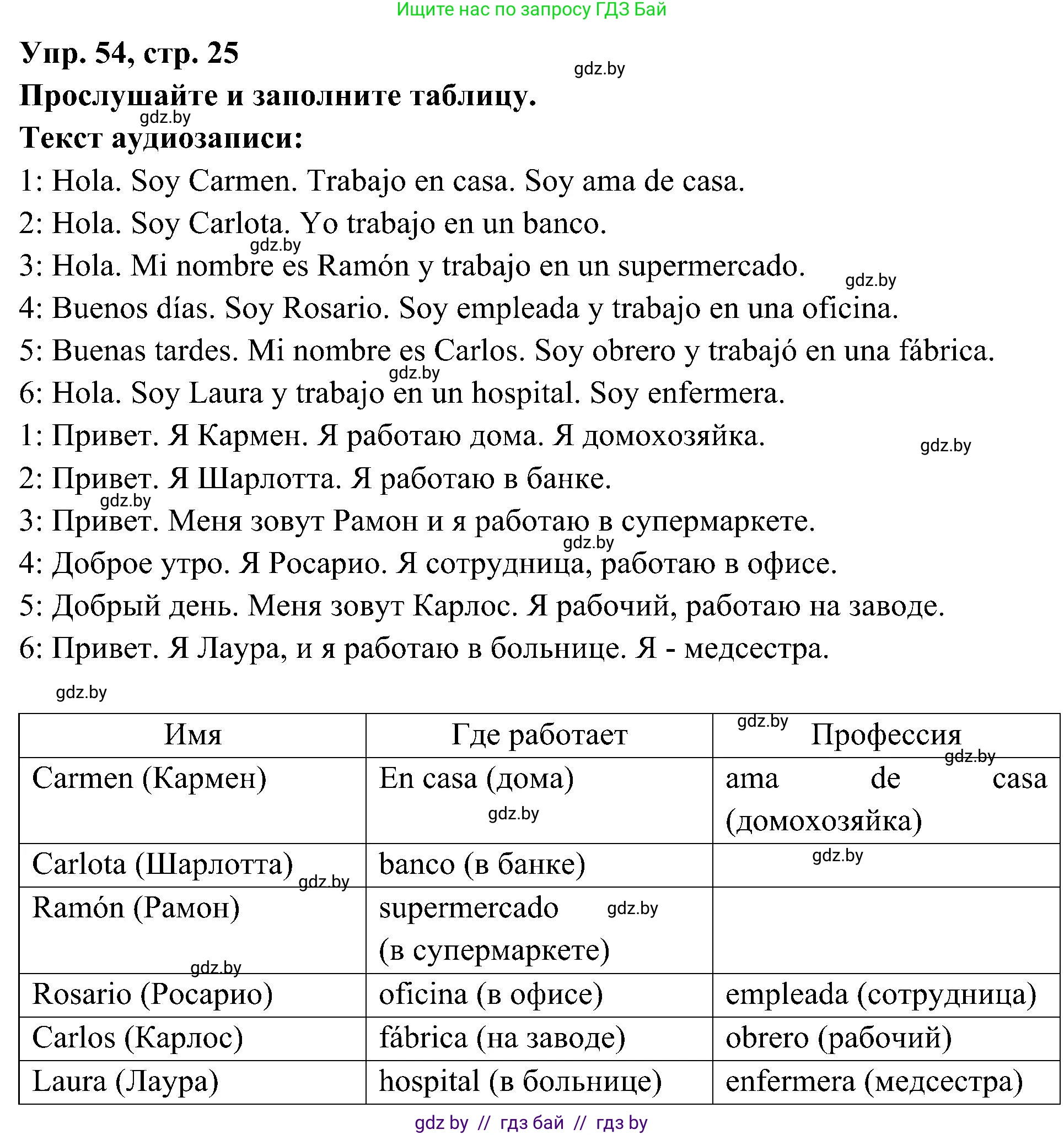 Испанский язык, 4 класс Учебник, авторы: Гриневич Елена Карловна, Бахар Лариса Николаевна, издательство Вышэйшая школа, Минск, 2019, красного цвета, Часть 1, страница 25, номер 54, Решение