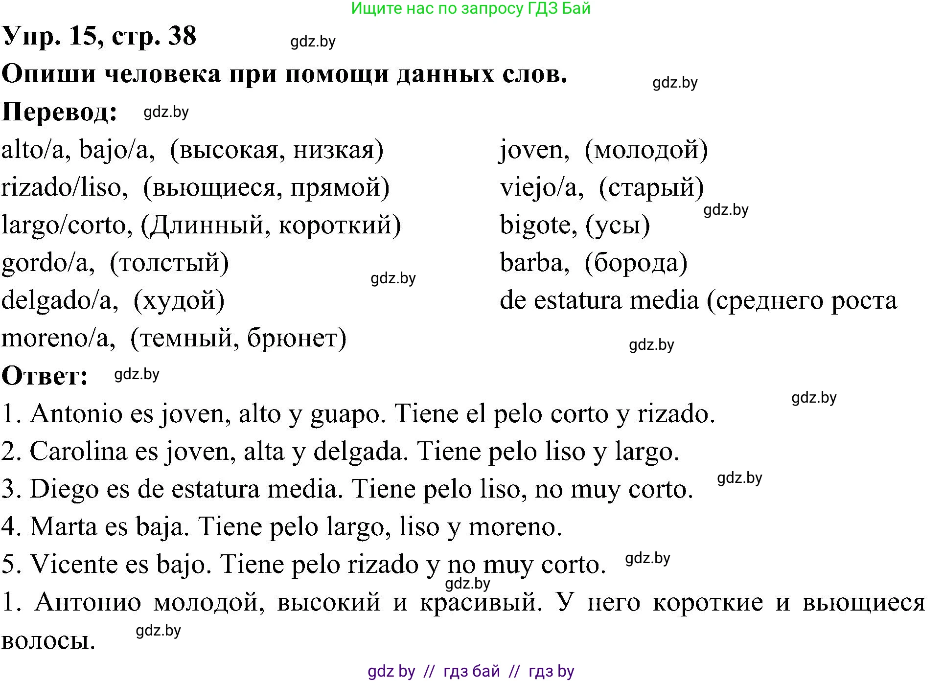 Испанский язык, 4 класс Учебник, авторы: Гриневич Елена Карловна, Бахар Лариса Николаевна, издательство Вышэйшая школа, Минск, 2019, красного цвета, Часть 1, страница 38, номер 15, Решение