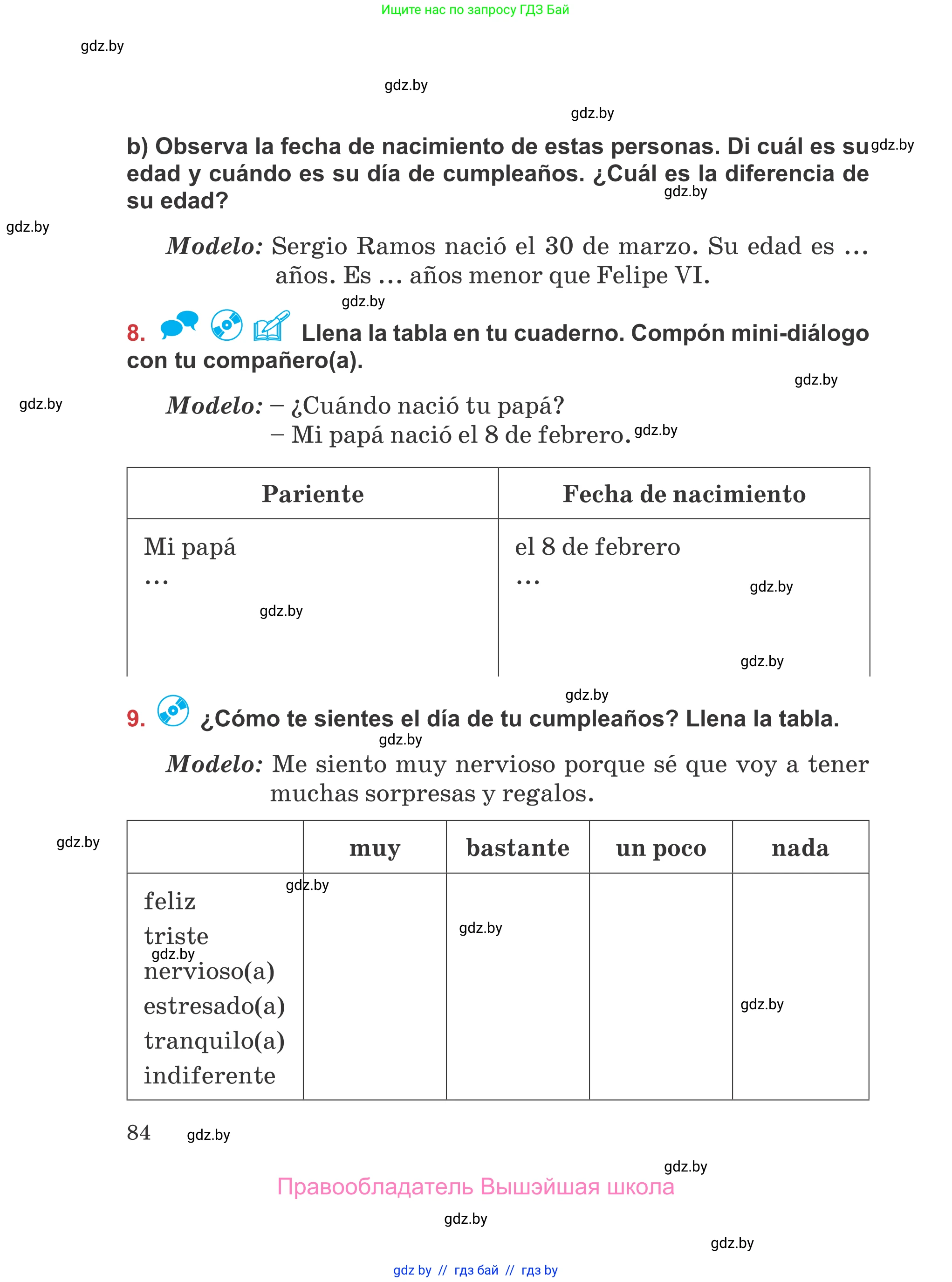 Испанский язык, 5 класс Учебник, авторы: Цыбулева Татьяна Эдуардовна, Пушкина Ольга Александровна, издательство Вышэйшая школа, Минск, 2017, оранжевого цвета, страница 84