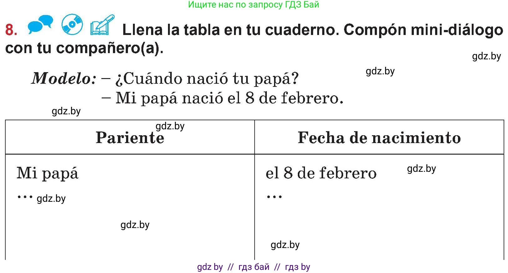 Испанский язык, 5 класс Учебник, авторы: Цыбулева Татьяна Эдуардовна, Пушкина Ольга Александровна, издательство Вышэйшая школа, Минск, 2017, оранжевого цвета, страница 84, номер 8, Условие
