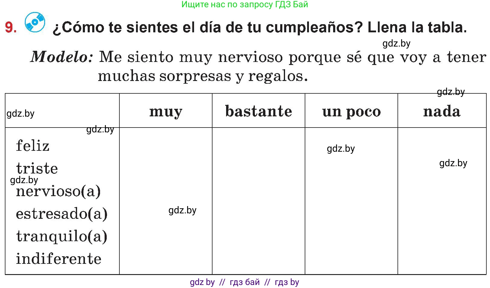 Испанский язык, 5 класс Учебник, авторы: Цыбулева Татьяна Эдуардовна, Пушкина Ольга Александровна, издательство Вышэйшая школа, Минск, 2017, оранжевого цвета, страница 84, номер 9, Условие