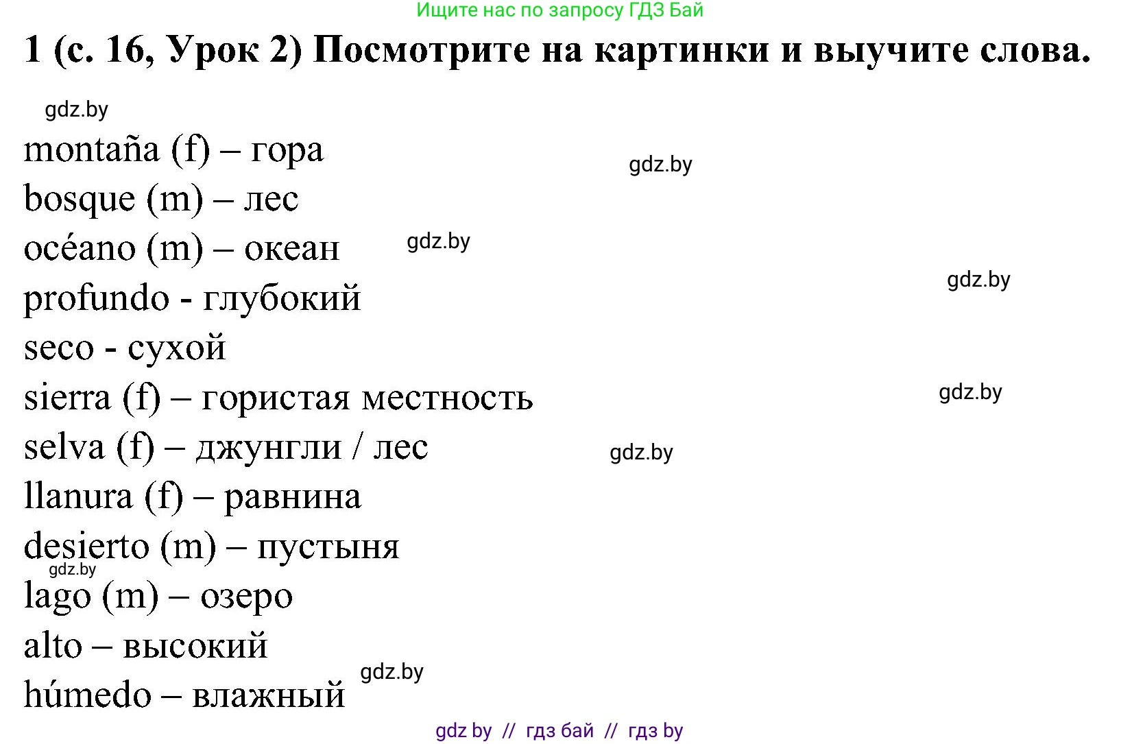 Испанский язык, 5 класс Учебник, авторы: Цыбулева Татьяна Эдуардовна, Пушкина Ольга Александровна, издательство Вышэйшая школа, Минск, 2017, оранжевого цвета, страница 16, номер 1, Решение