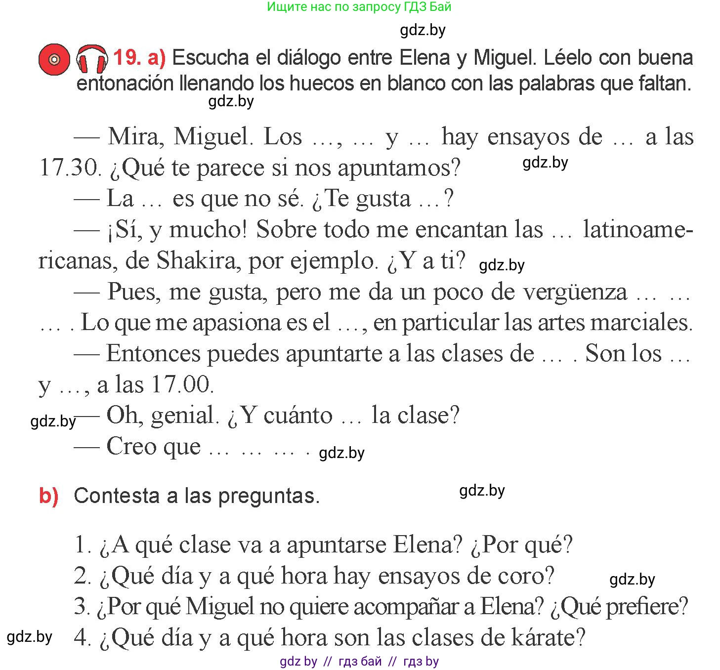 Испанский язык, 6 класс Учебник, авторы: Цыбулева Татьяна Эдуардовна, Пушкина Ольга Александровна, издательство Издательский центр БГУ, Минск, 2018, Часть 1, страница 59, номер 19, Условие