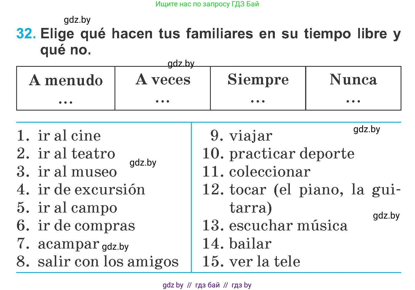 Испанский язык, 6 класс Учебник, автор: Гриневич Елена Карловна, издательство Вышэйшая школа, Минск, 2016, зелёного цвета, страница 194, номер 32, Условие