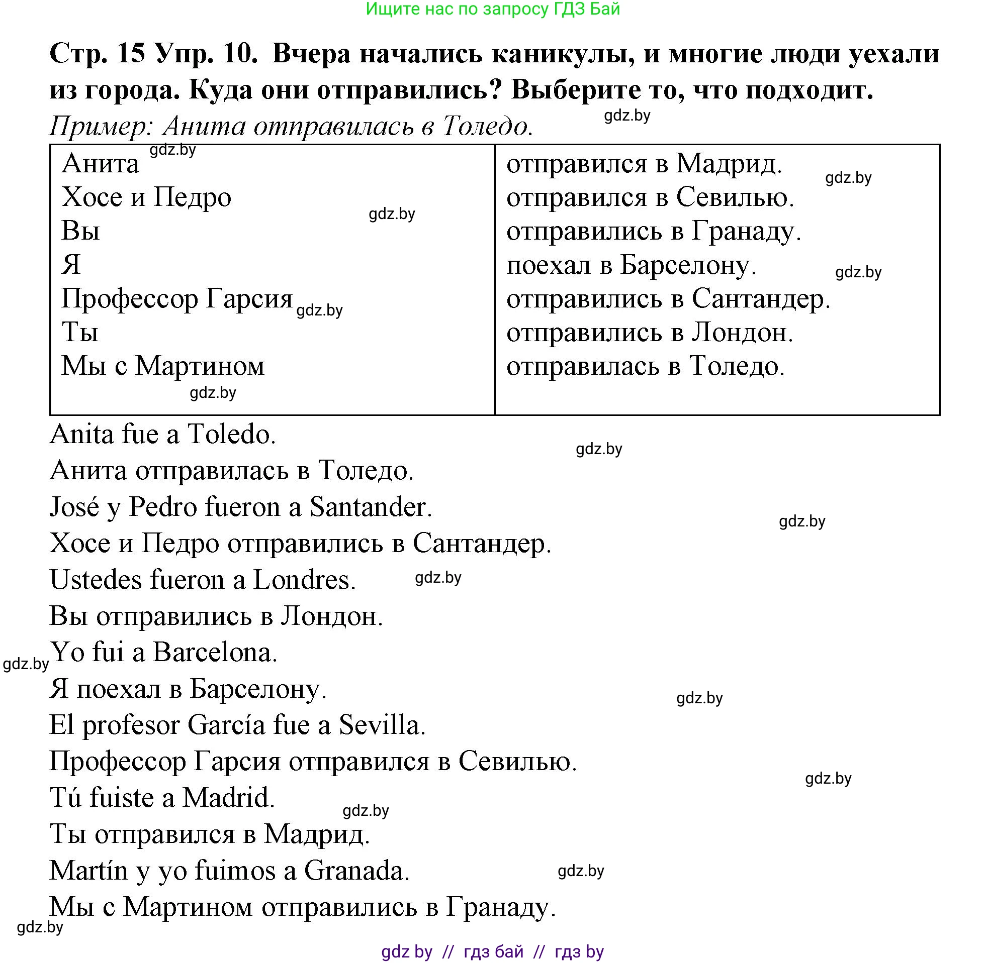 Испанский язык, 6 класс Учебник, автор: Гриневич Елена Карловна, издательство Вышэйшая школа, Минск, 2016, зелёного цвета, страница 15, номер 10, Решение