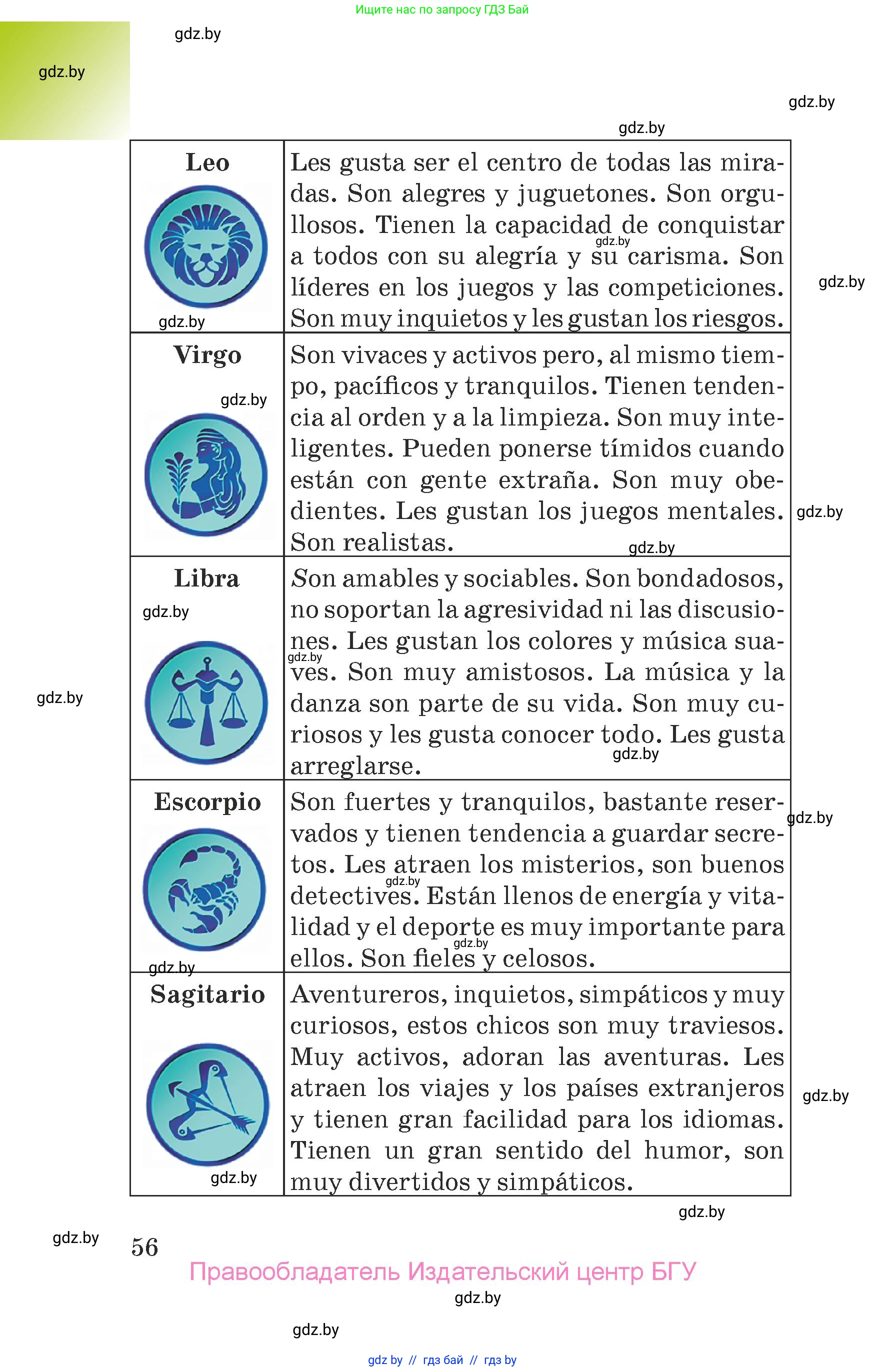 Испанский язык, 7 класс Учебник, авторы: Цыбулева Татьяна Эдуардовна, Пушкина Ольга Александровна, Карпиевич Галина Константиновна, издательство Издательский центр БГУ, Минск, 2019, бирюзового цвета, страница 56