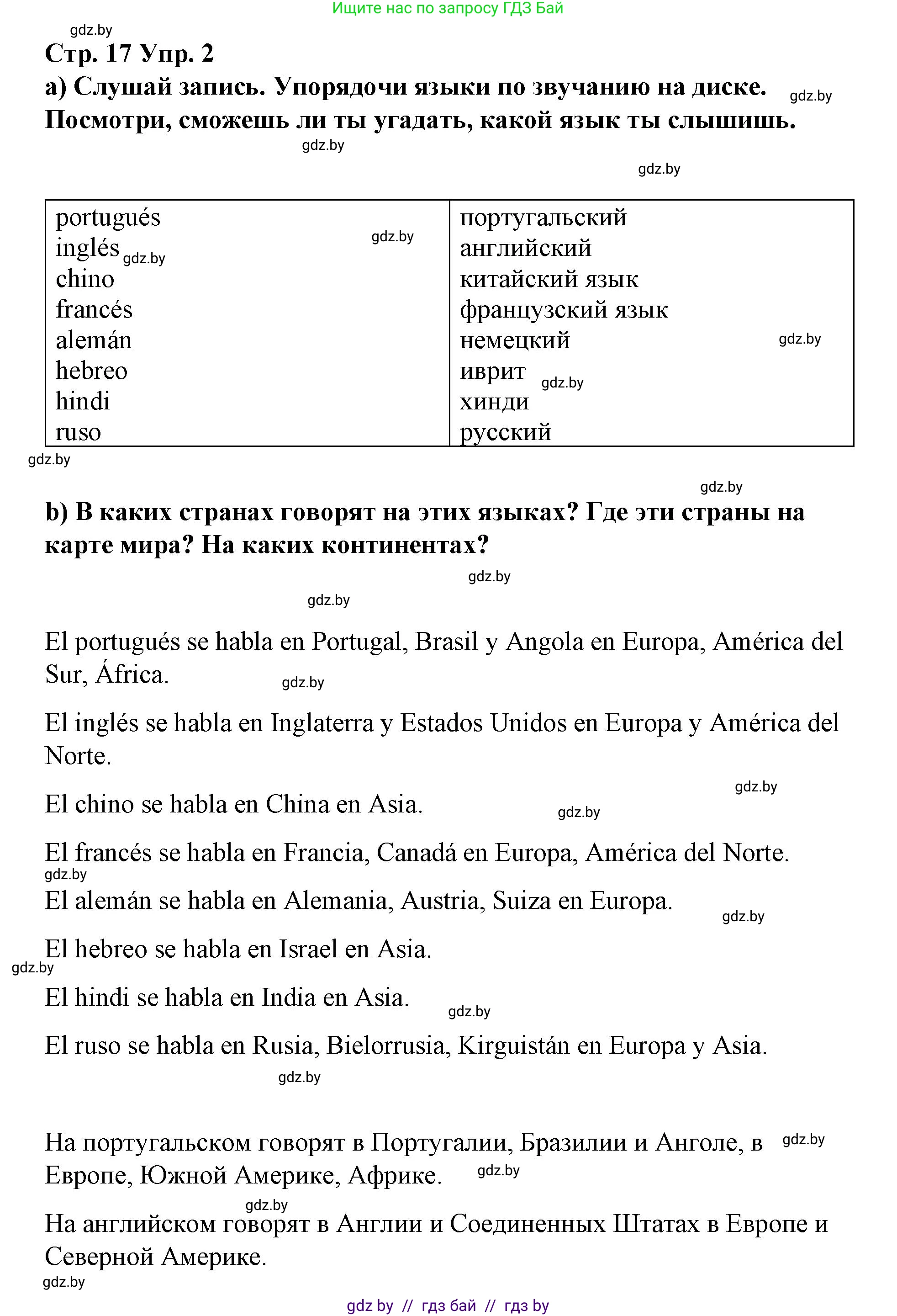 Испанский язык, 7 класс Учебник, авторы: Цыбулева Татьяна Эдуардовна, Пушкина Ольга Александровна, Карпиевич Галина Константиновна, издательство Издательский центр БГУ, Минск, 2019, бирюзового цвета, Часть 1, страница 17, номер 2, Решение
