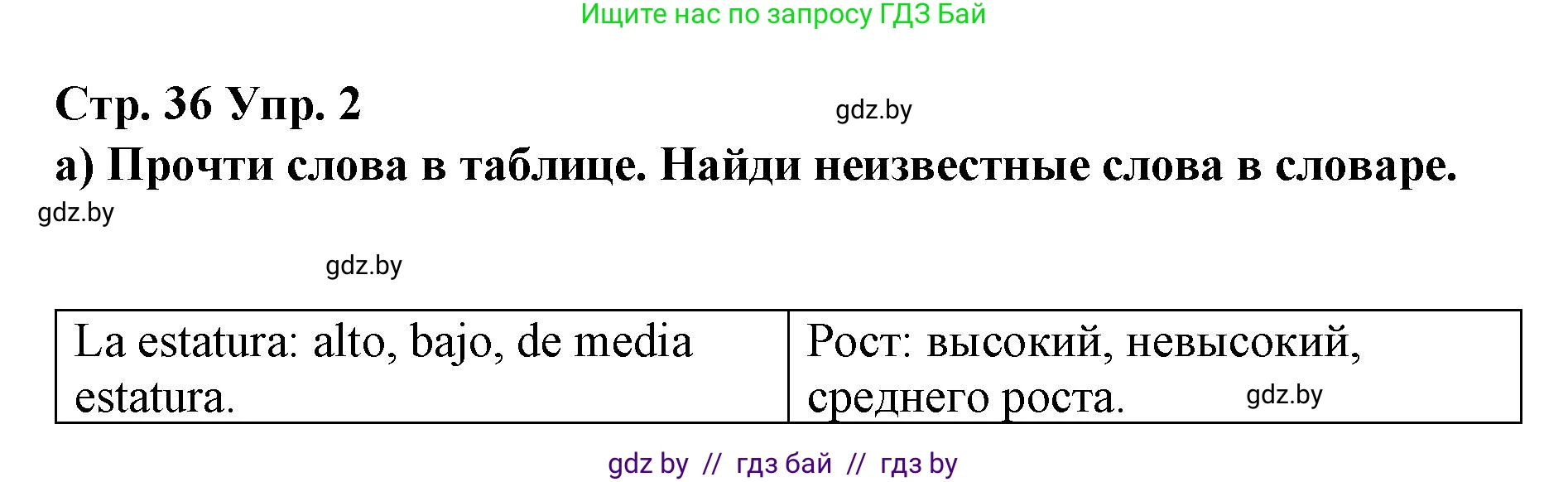 Испанский язык, 7 класс Учебник, авторы: Цыбулева Татьяна Эдуардовна, Пушкина Ольга Александровна, Карпиевич Галина Константиновна, издательство Издательский центр БГУ, Минск, 2019, бирюзового цвета, Часть 1, страница 36, номер 2, Решение
