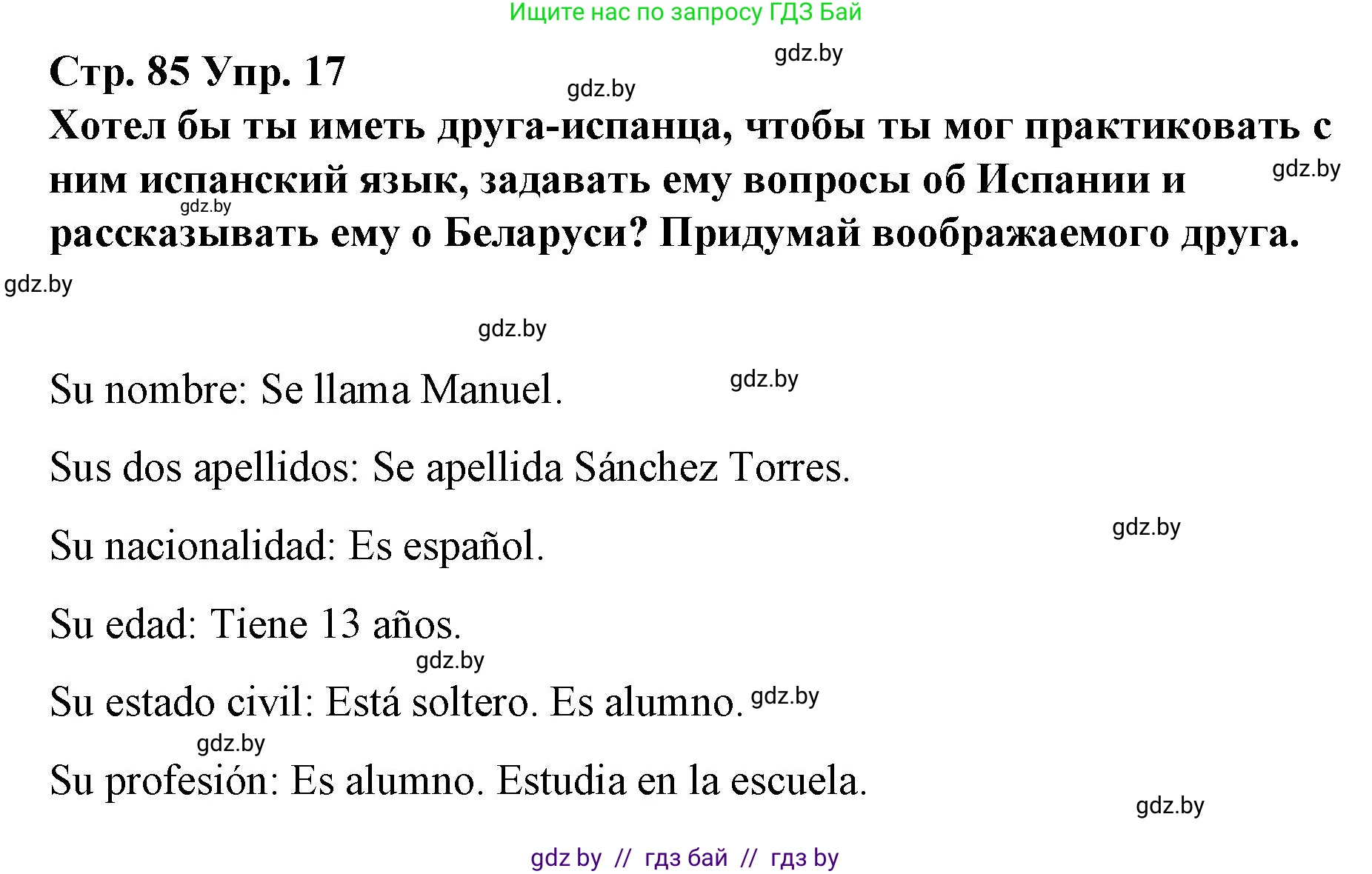 Испанский язык, 7 класс Учебник, авторы: Цыбулева Татьяна Эдуардовна, Пушкина Ольга Александровна, Карпиевич Галина Константиновна, издательство Издательский центр БГУ, Минск, 2019, бирюзового цвета, Часть 1, страница 85, номер 17, Решение