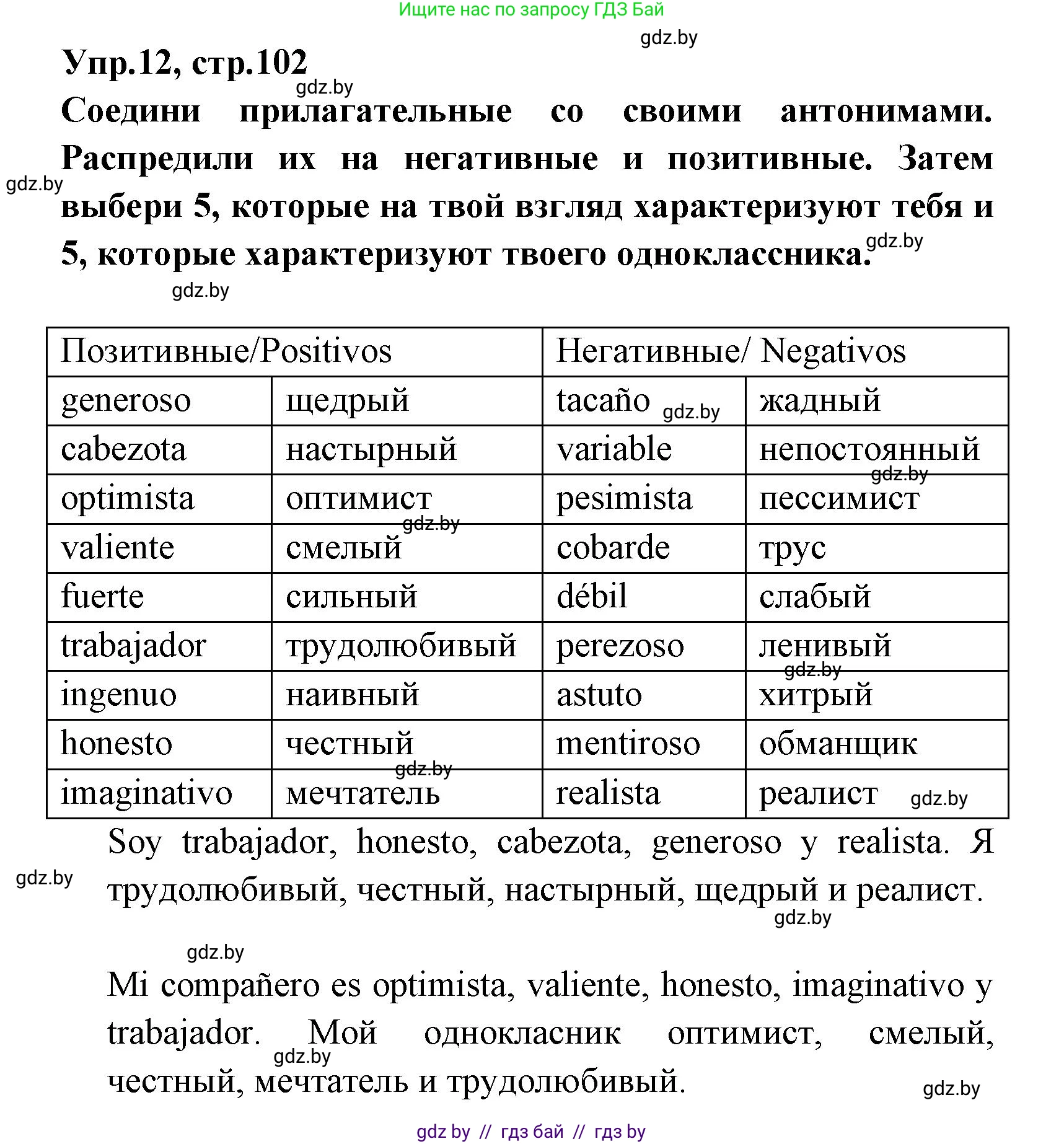 Испанский язык, 7 класс Учебник, автор: Гриневич Елена Карловна, издательство Вышэйшая школа, Минск, 2017, оранжевого цвета, страница 102, номер 12, Решение