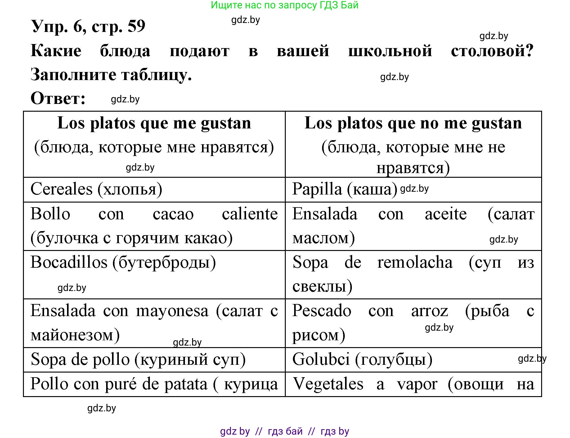 Испанский язык, 8 класс Учебник, авторы: Цыбулева Татьяна Эдуардовна, Пушкина Ольга Александровна, издательство Издательский центр БГУ, Минск, 2016, оранжевого цвета, страница 59, номер 6, Решение