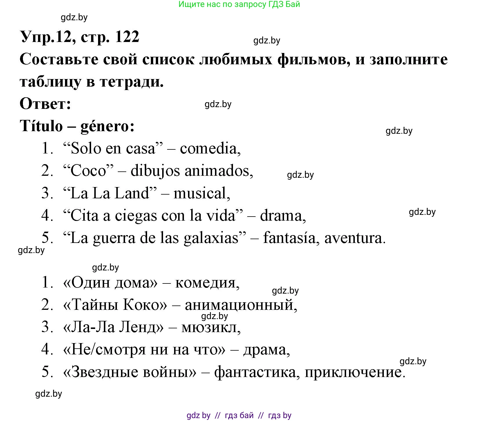 Испанский язык, 8 класс Учебник, авторы: Цыбулева Татьяна Эдуардовна, Пушкина Ольга Александровна, издательство Издательский центр БГУ, Минск, 2016, оранжевого цвета, страница 122, номер 12, Решение