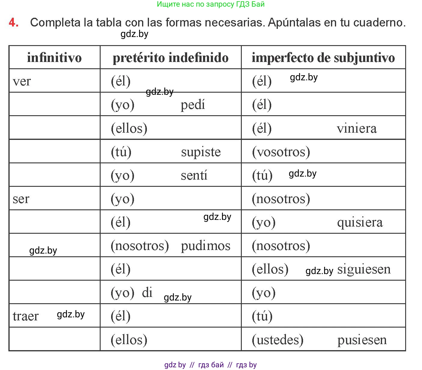 Испанский язык, 9 класс Учебник, авторы: Цыбулева Татьяна Эдуардовна, Пушкина Ольга Александровна, издательство Издательский центр БГУ, Минск, 2017, страница 105, номер 4, Условие