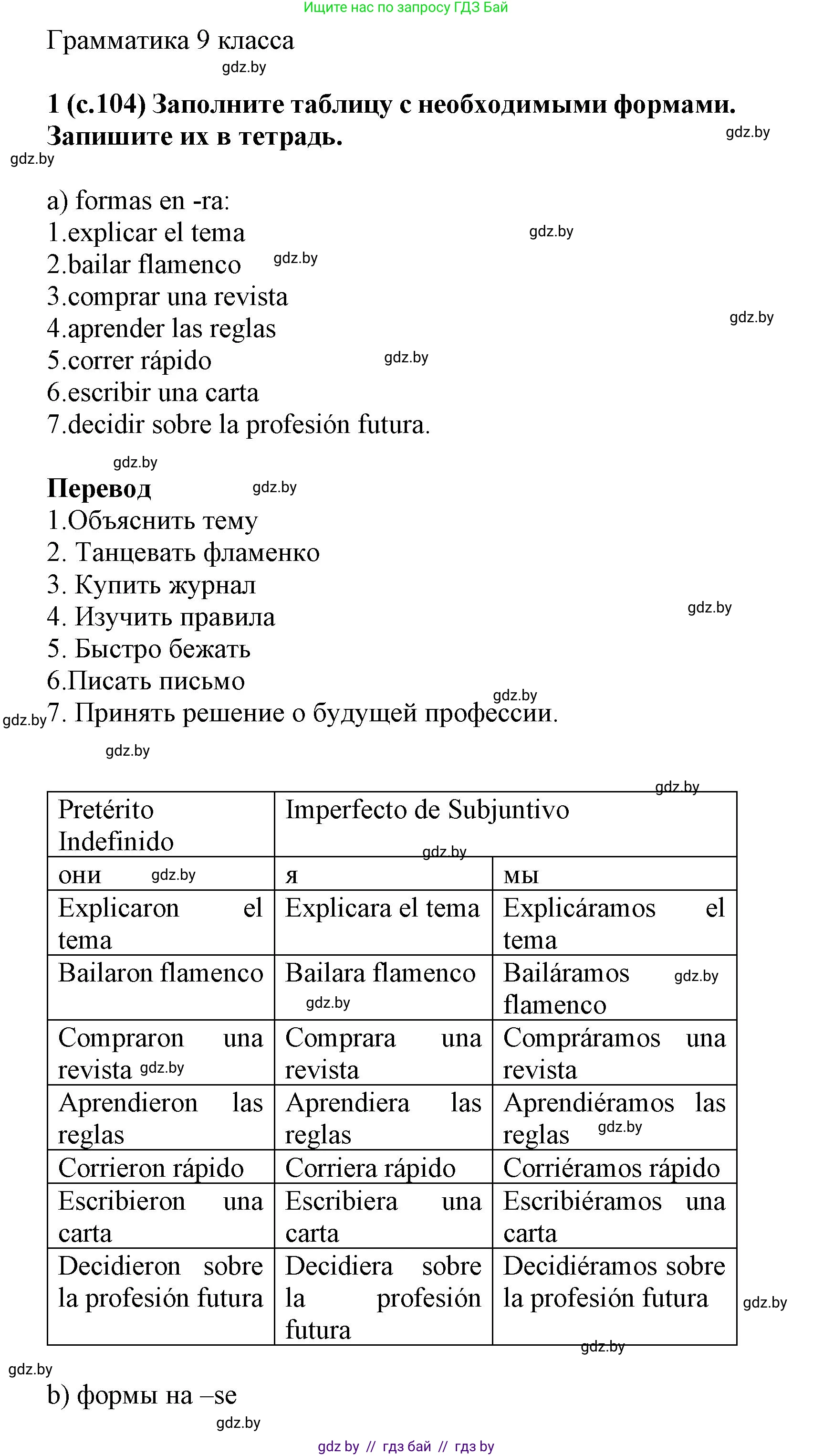 Испанский язык, 9 класс Учебник, авторы: Цыбулева Татьяна Эдуардовна, Пушкина Ольга Александровна, издательство Издательский центр БГУ, Минск, 2017, страница 104, номер 1, Решение