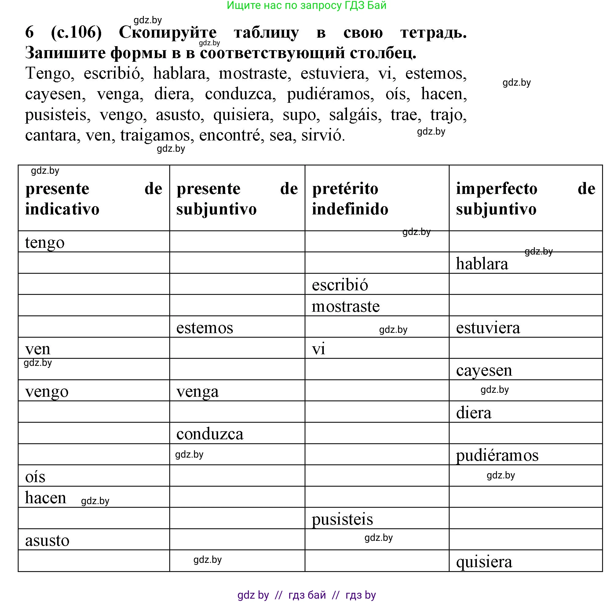 Испанский язык, 9 класс Учебник, авторы: Цыбулева Татьяна Эдуардовна, Пушкина Ольга Александровна, издательство Издательский центр БГУ, Минск, 2017, страница 106, номер 6, Решение