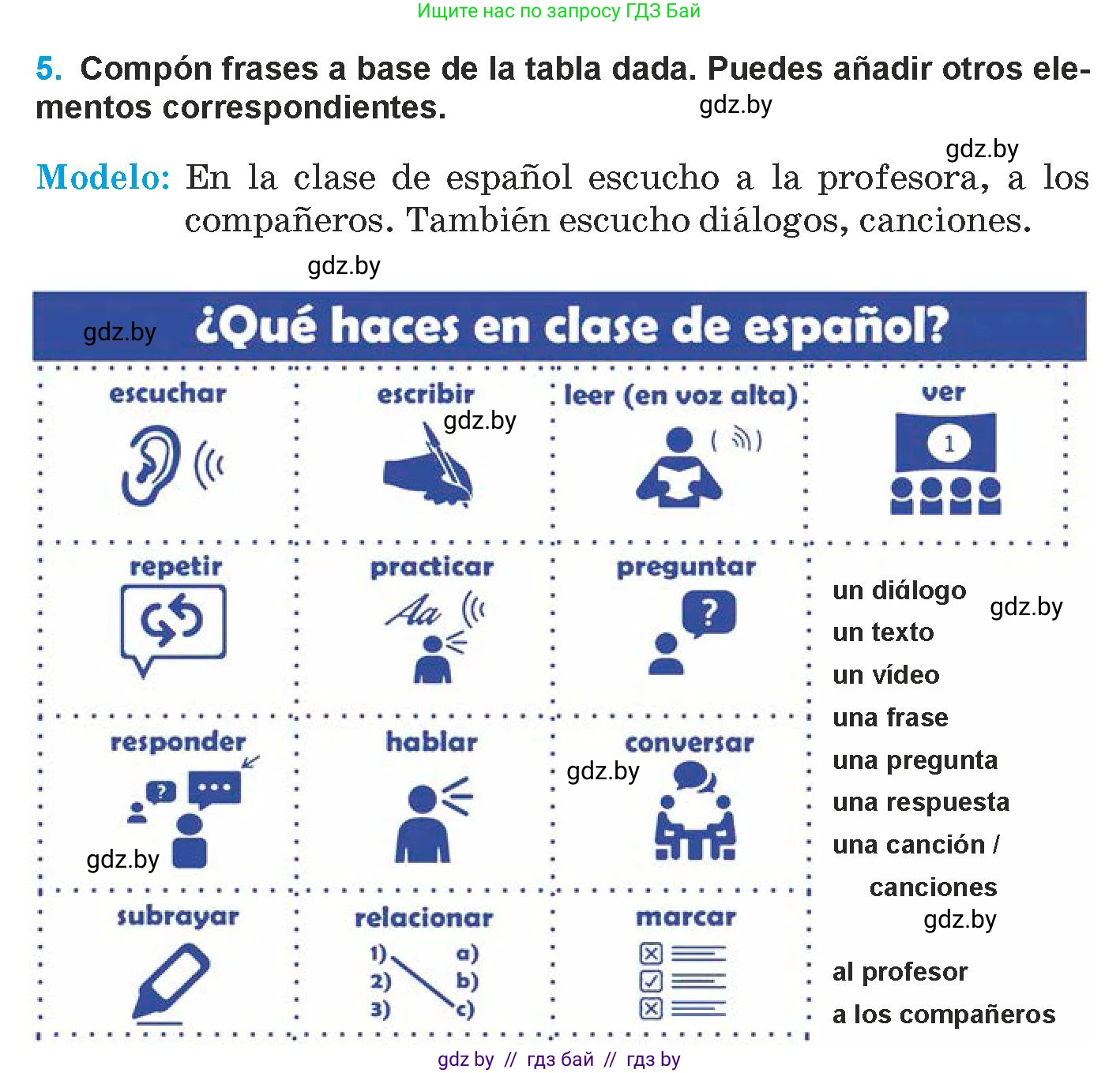 Испанский язык, 9 класс Учебник, авторы: Гриневич Елена Карловна, Янукенас Ольга Викторовна, издательство Вышэйшая школа, Минск, 2020, оранжевого цвета, страница 104, номер 5, Условие