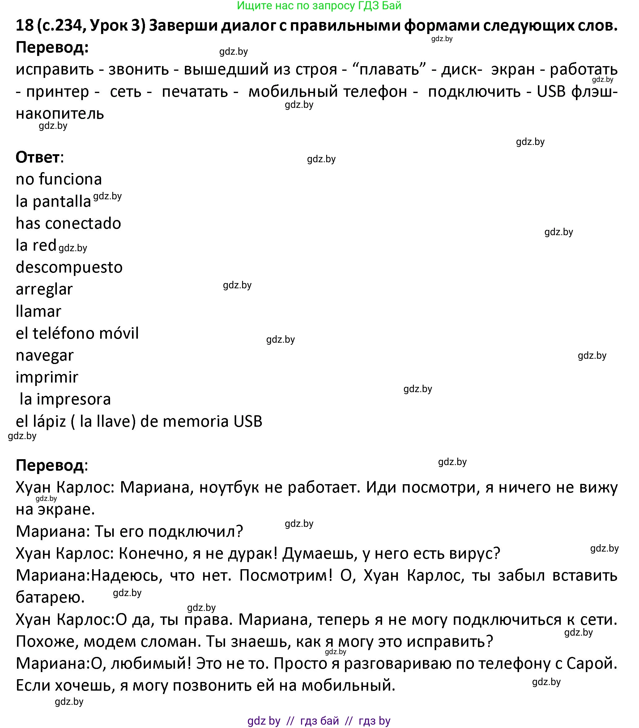 Испанский язык, 9 класс Учебник, авторы: Гриневич Елена Карловна, Янукенас Ольга Викторовна, издательство Вышэйшая школа, Минск, 2020, оранжевого цвета, страница 234, номер 18, Решение
