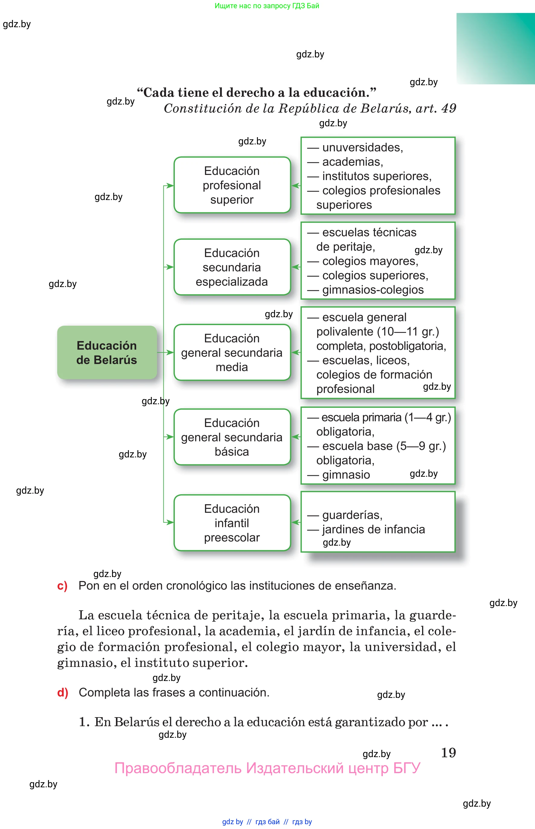 Испанский язык, 10 класс Учебник, авторы: Цыбулева Татьяна Эдуардовна, Пушкина Ольга Александровна, Карпиевич Галина Константиновна, издательство Издательский центр БГУ, Минск, 2019, оранжевого цвета, страница 19