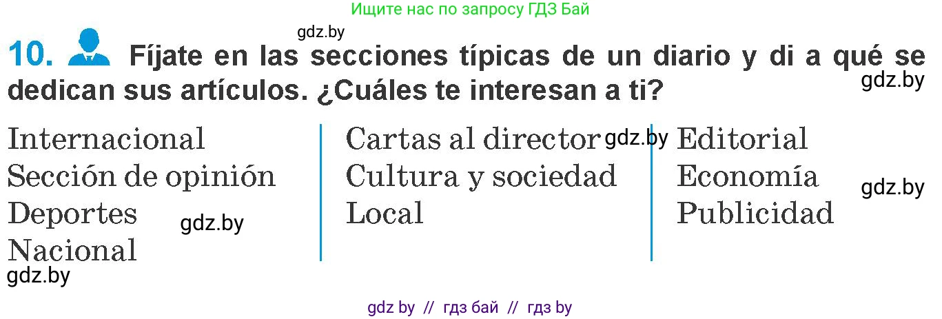 Испанский язык, 10 класс Учебник, авторы: Гриневич Елена Карловна, Янукенас Ольга Викторовна, издательство Вышэйшая школа, Минск, 2019, оранжевого цвета, страница 195, номер 10, Условие