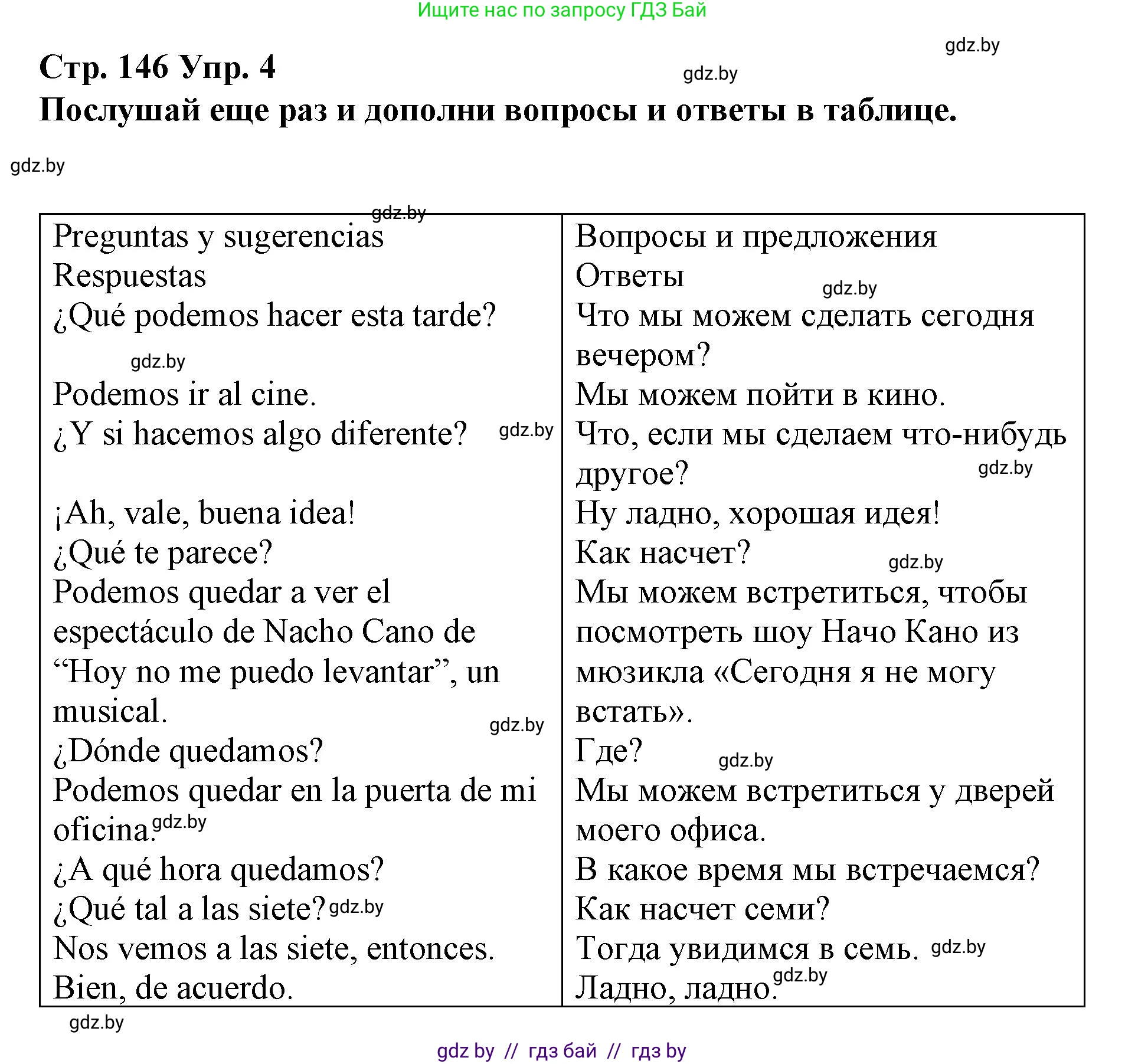 Испанский язык, 10 класс Учебник, авторы: Гриневич Елена Карловна, Янукенас Ольга Викторовна, издательство Вышэйшая школа, Минск, 2019, оранжевого цвета, страница 146, номер 4, Решение