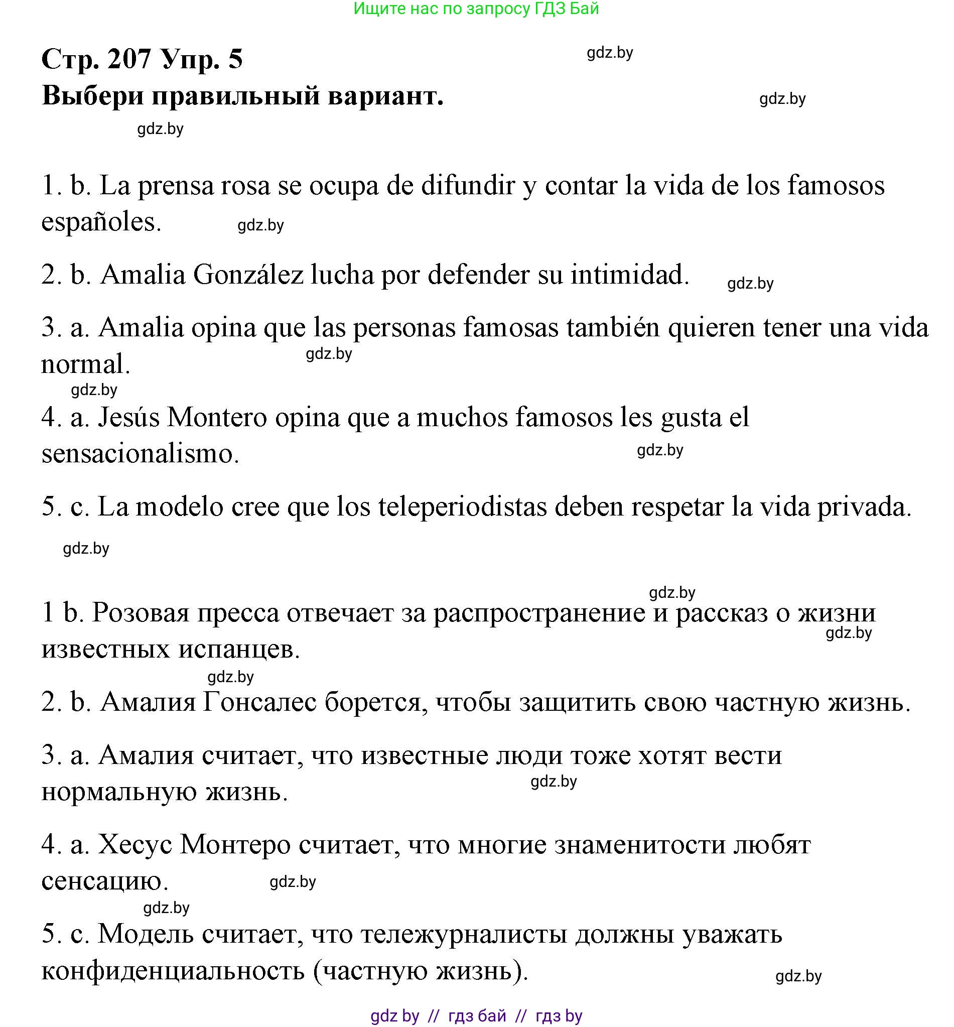 Испанский язык, 10 класс Учебник, авторы: Гриневич Елена Карловна, Янукенас Ольга Викторовна, издательство Вышэйшая школа, Минск, 2019, оранжевого цвета, страница 207, номер 5, Решение