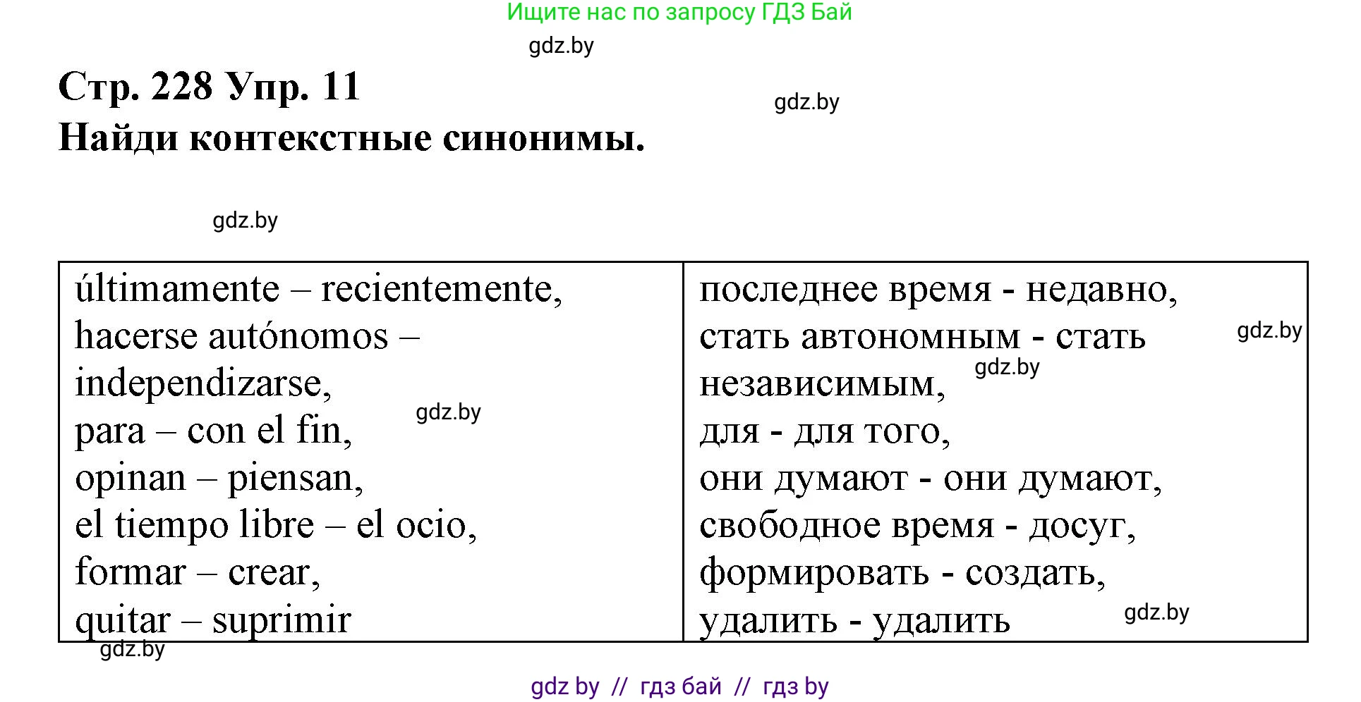Испанский язык, 10 класс Учебник, авторы: Гриневич Елена Карловна, Янукенас Ольга Викторовна, издательство Вышэйшая школа, Минск, 2019, оранжевого цвета, страница 228, номер 11, Решение