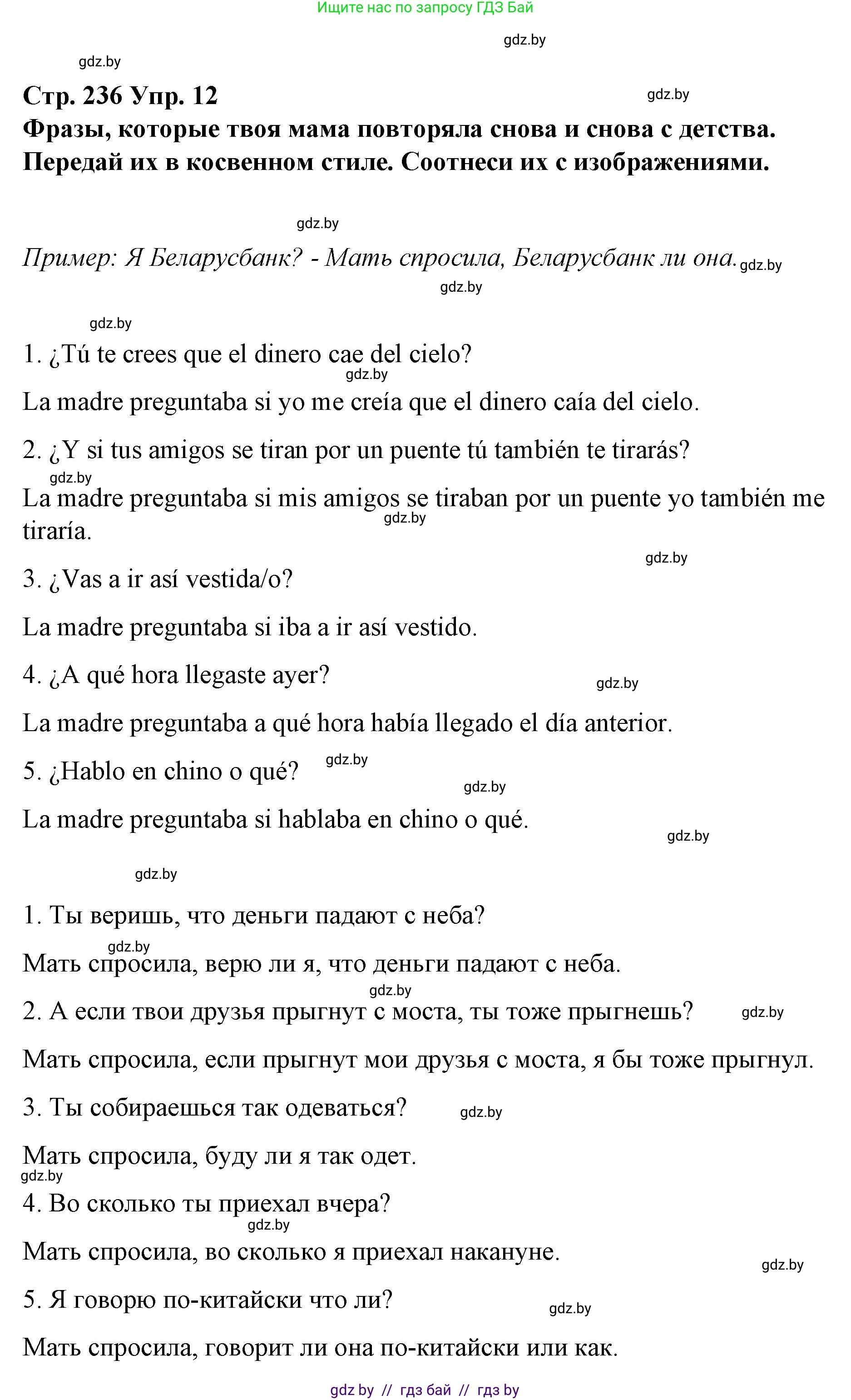Испанский язык, 10 класс Учебник, авторы: Гриневич Елена Карловна, Янукенас Ольга Викторовна, издательство Вышэйшая школа, Минск, 2019, оранжевого цвета, страница 236, номер 12, Решение