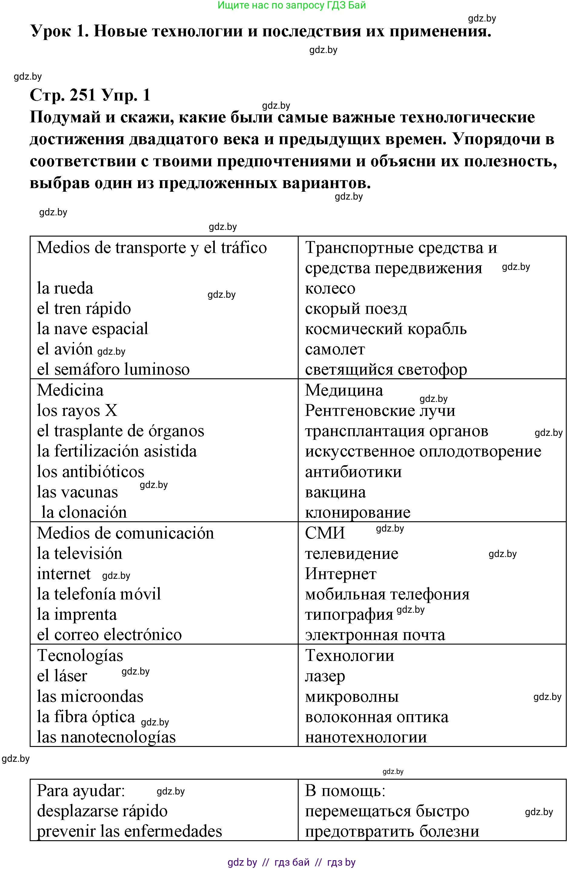 Испанский язык, 10 класс Учебник, авторы: Гриневич Елена Карловна, Янукенас Ольга Викторовна, издательство Вышэйшая школа, Минск, 2019, оранжевого цвета, страница 251, номер 1, Решение